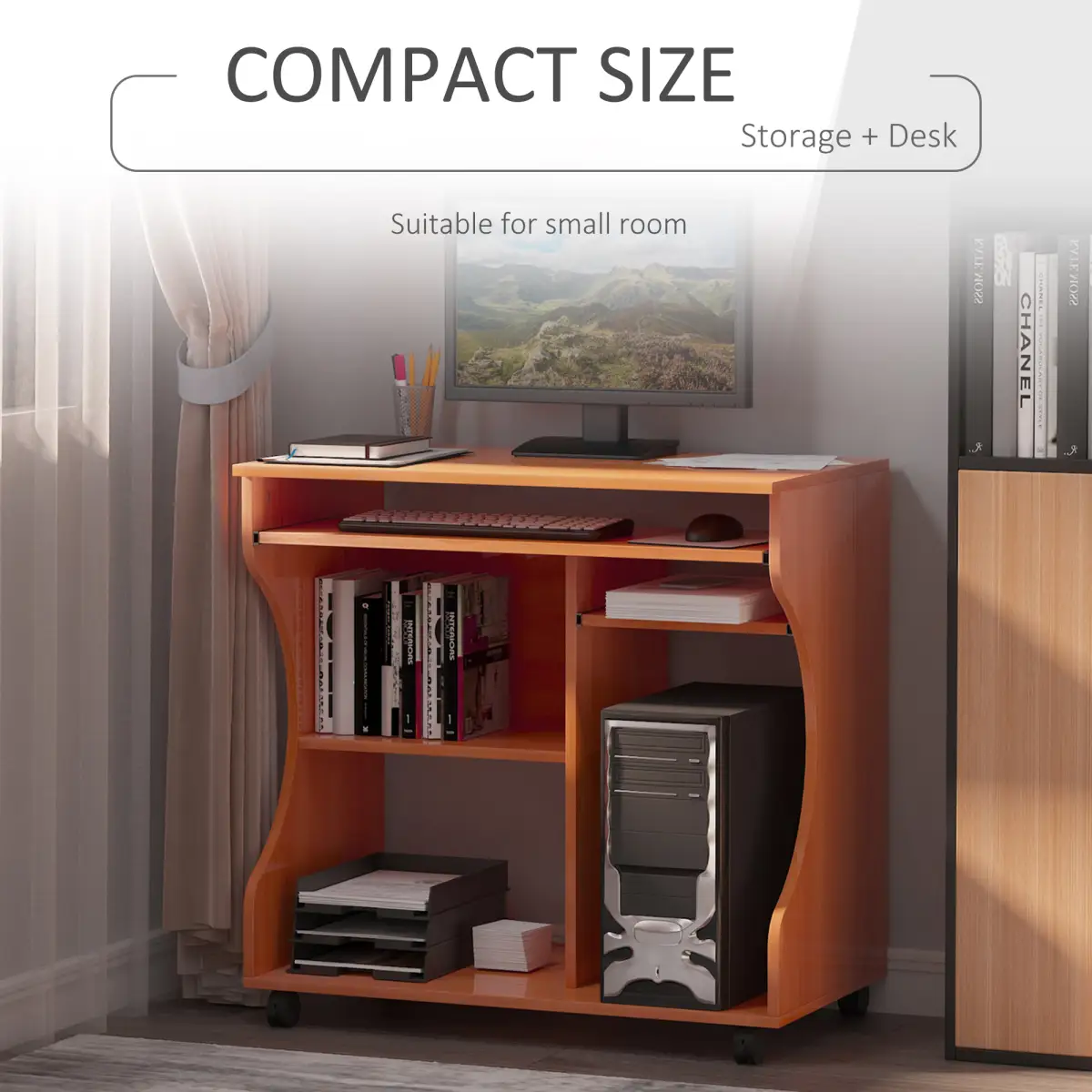 HOMCOM Computer Desk Laptop Writing Table Storage Shelf Workstation Wheels-Cherry Wood - Desk