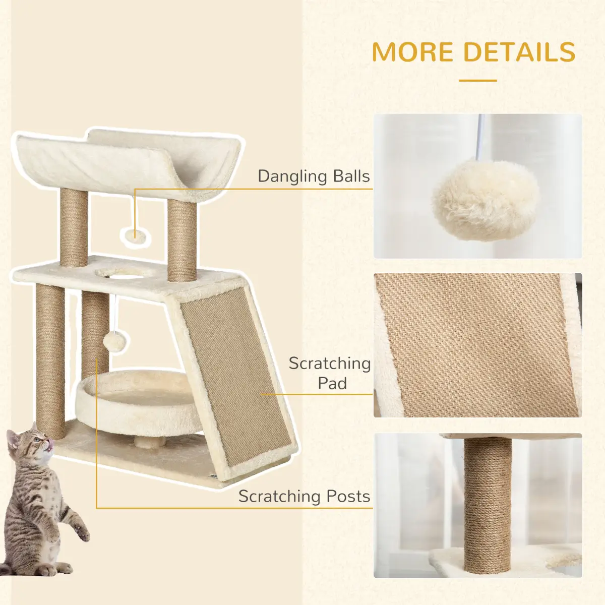 PawHut Cat Tree Kitten Tower w/ Scratching Post, Pad, Bed, Perch, Toy Ball - Cat Tree