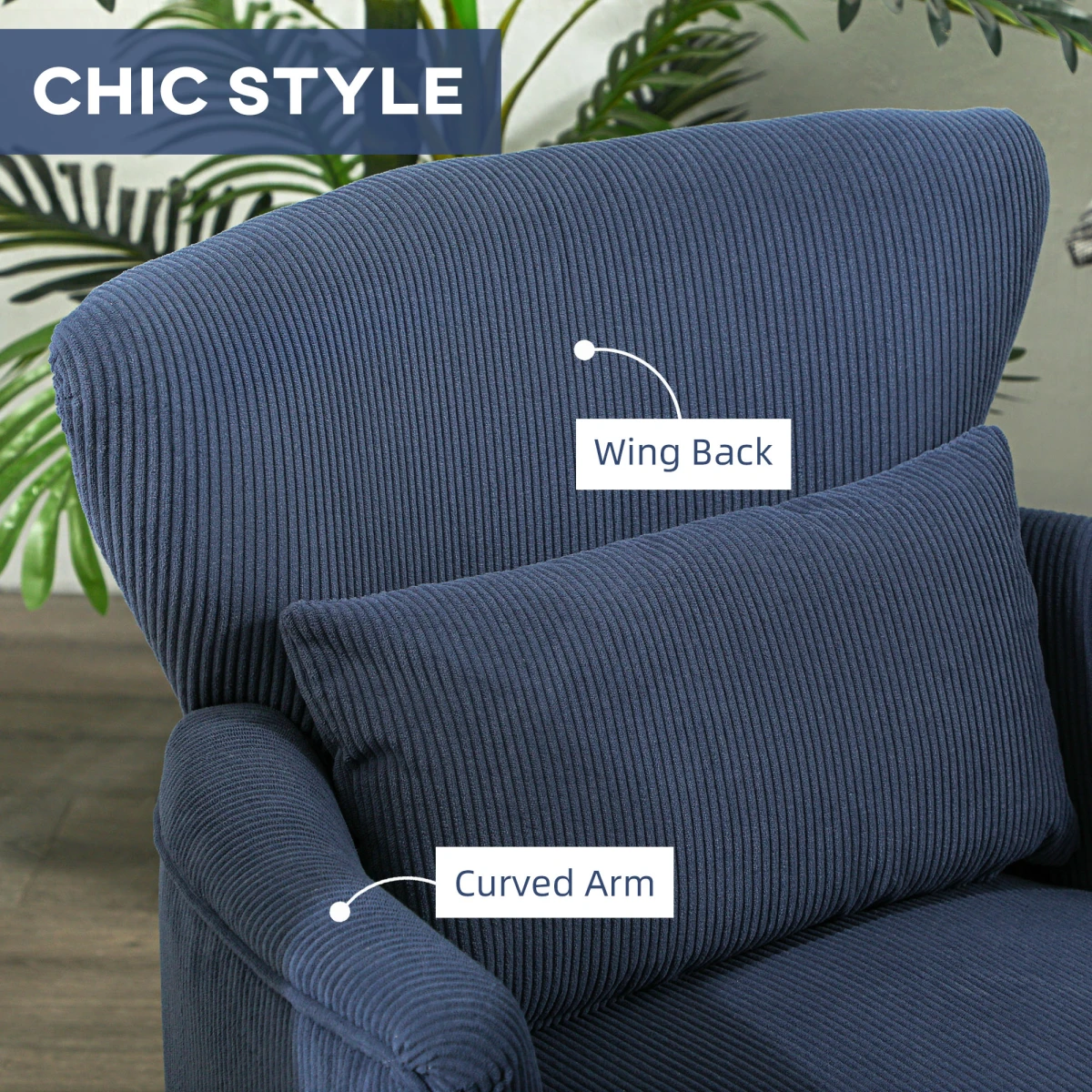 HOMCOM Armchair 18cm Cushion Wingback Blue Corduroy Home Use by HOMCOM