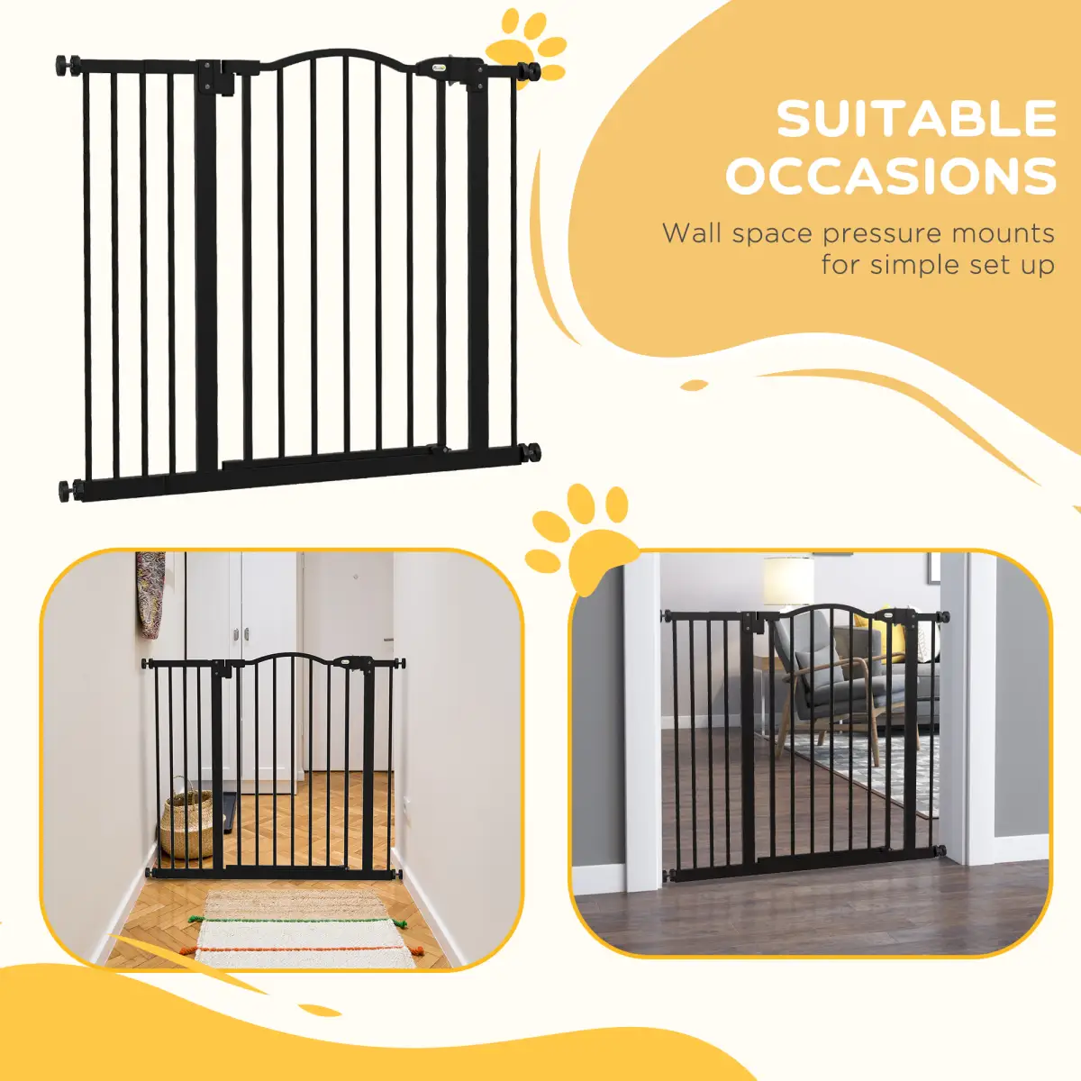 PawHut PawHut 74-94cm Adjustable Metal Pet Gate Safety Barrier w/ Auto-Close Black - Pet Gate