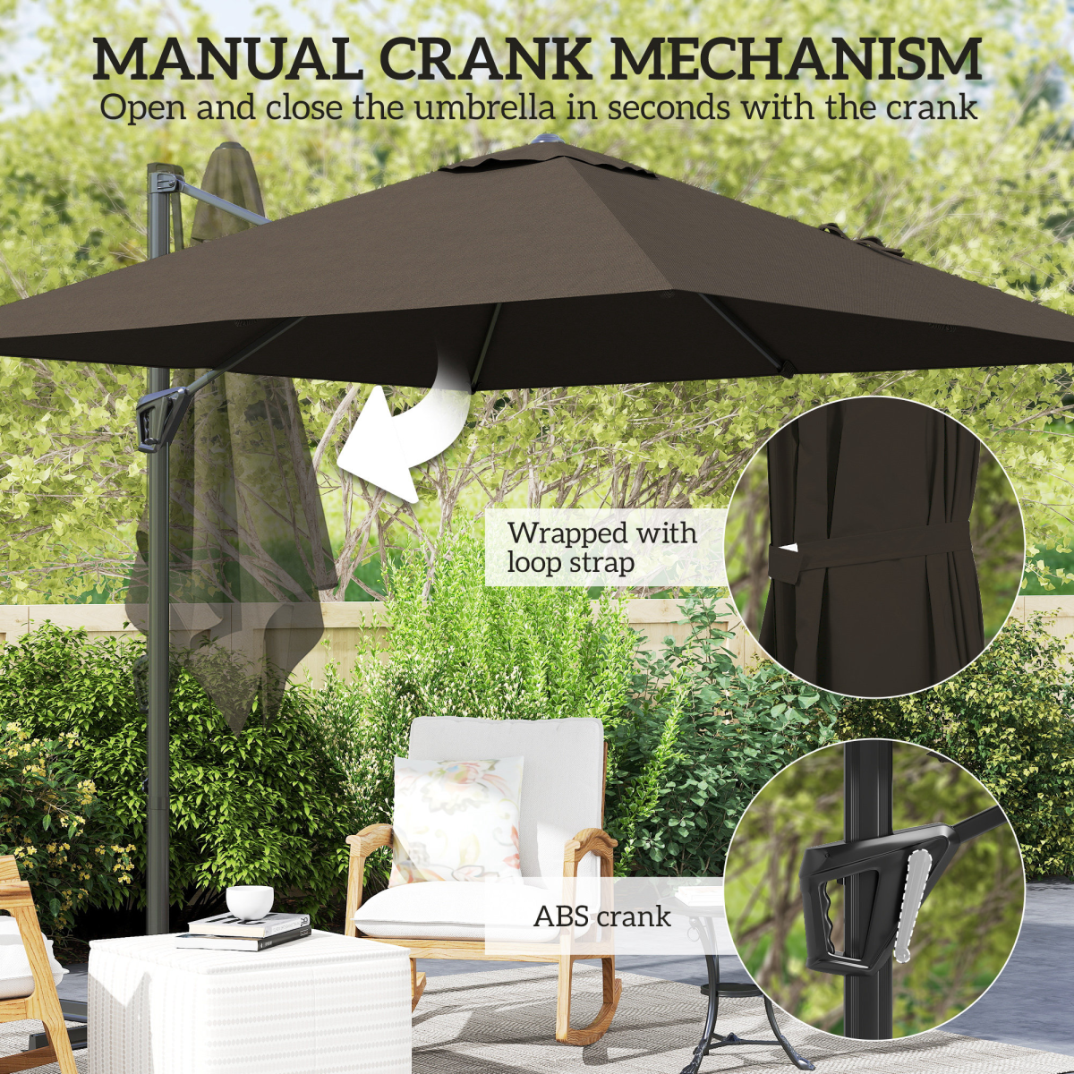 Outsunny Outsunny Square Cantilever Roma Parasol 360° Rotation w/ Hand Crank, Tan - Parasol