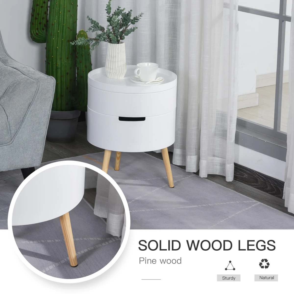 Premium White Circular Side Table Dia 16In Height 20In Removable Top Tray Dual Storage Nightstand And Coffee Table by HOMCOM
