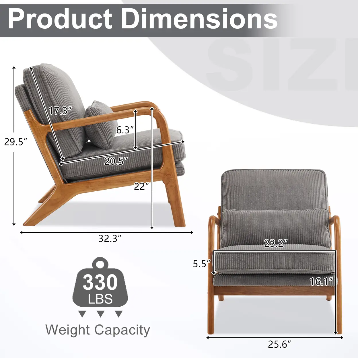 N/A Low Arm Accent Chair - Light Gray Corduroy Upholstered Indoor Lounge Chair, Compact Single Seater with Sturdy Frame (330LBS Weight Capacity) - Accent Chair