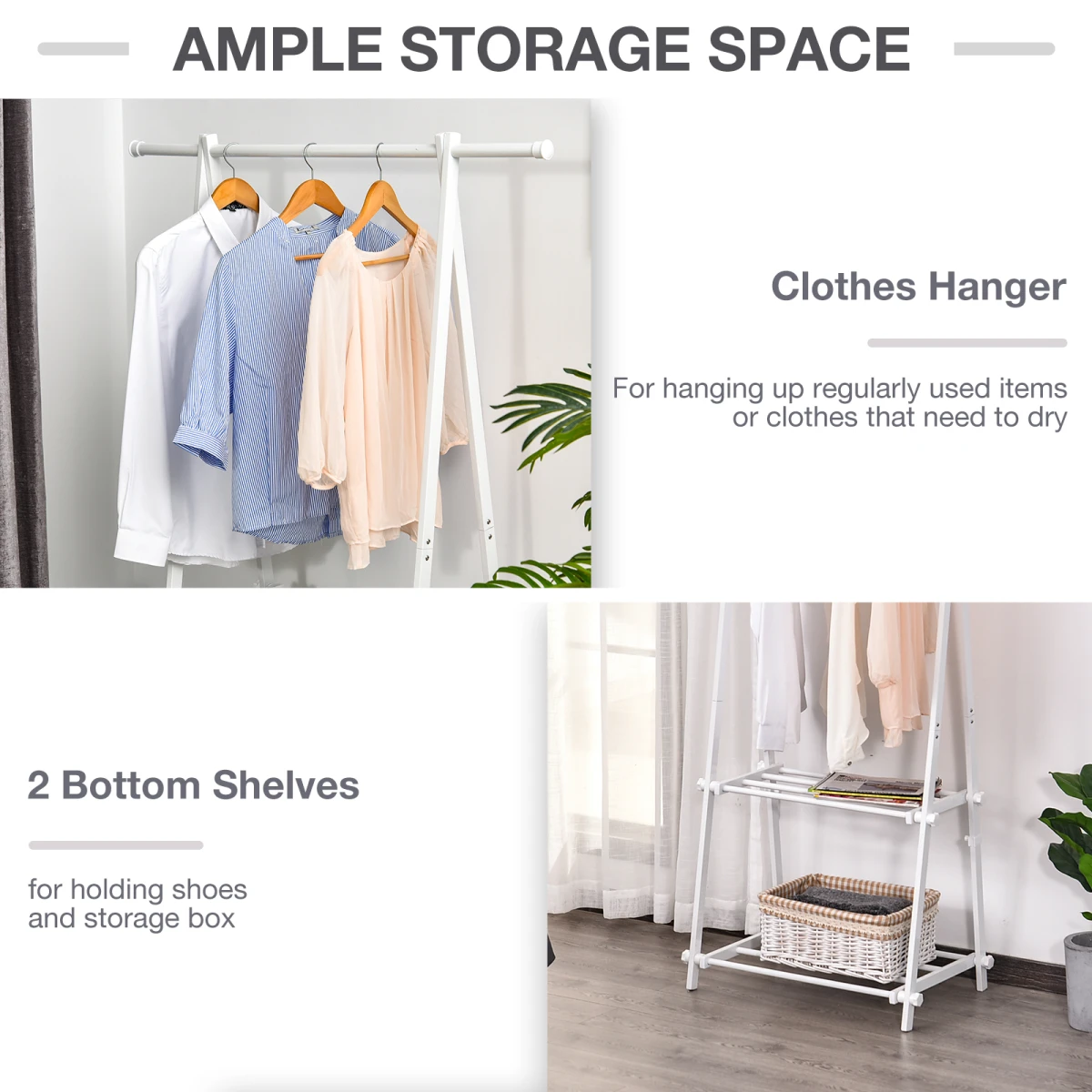 HOMCOM Powder Coated Steel Clothes Rail Tall 2 Shelves Home - Wardrobe