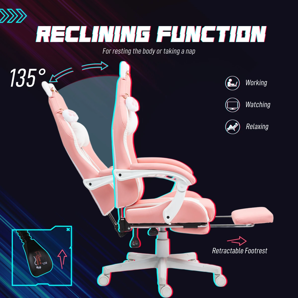 HOMCOM Pink Gaming Chair 44-52cm Recline Footrest for Gamers by HOMCOM