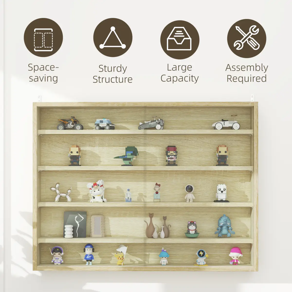 HOMCOM HOMCOM 5-Tier Wall Display Shelf Unit Cabinet w/ Shelves Glass Doors Oak - Display Cabinet