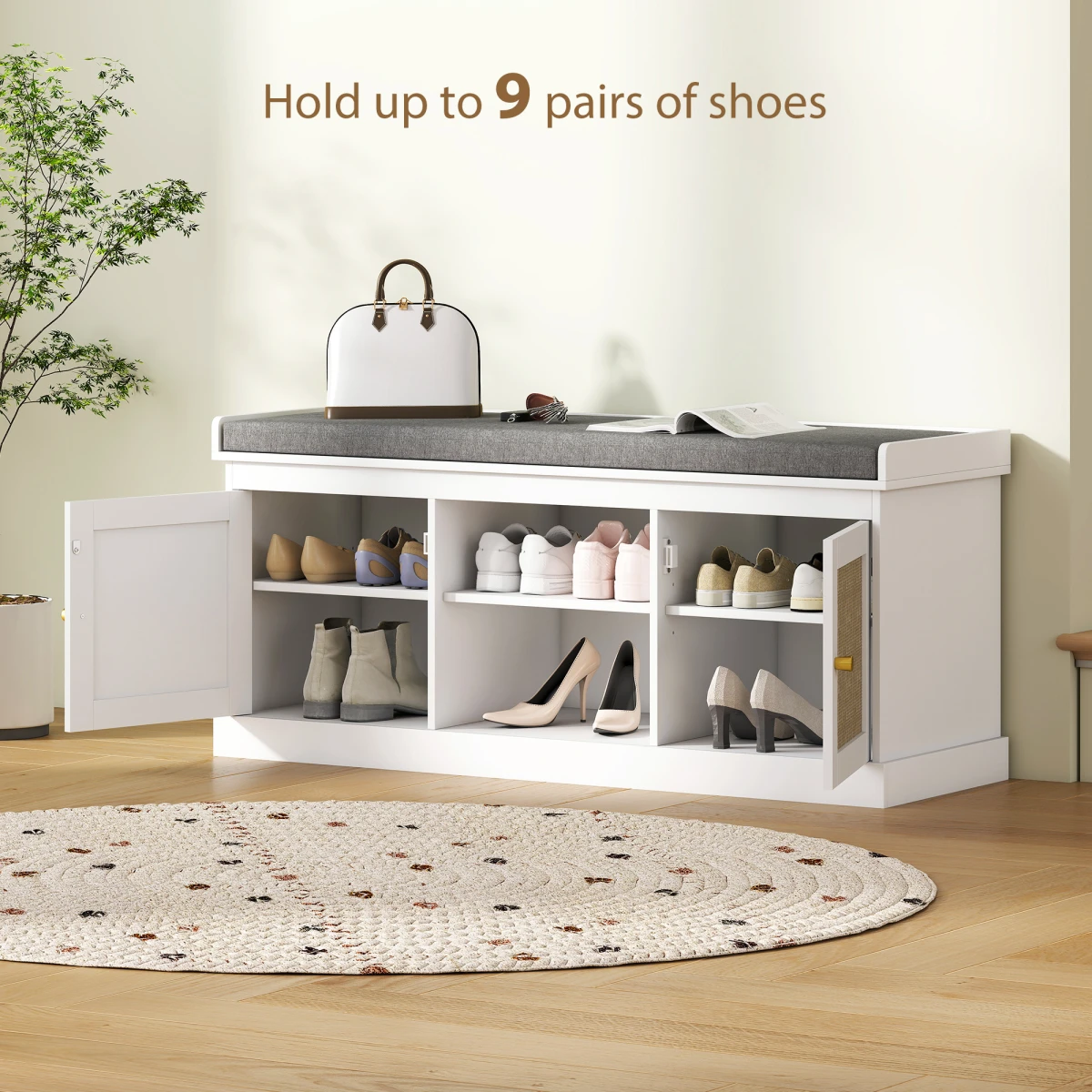 HOMCOM HOMCOM Shoe Bench, Boho Shoe Storage Bench with Padded Cushion, White -