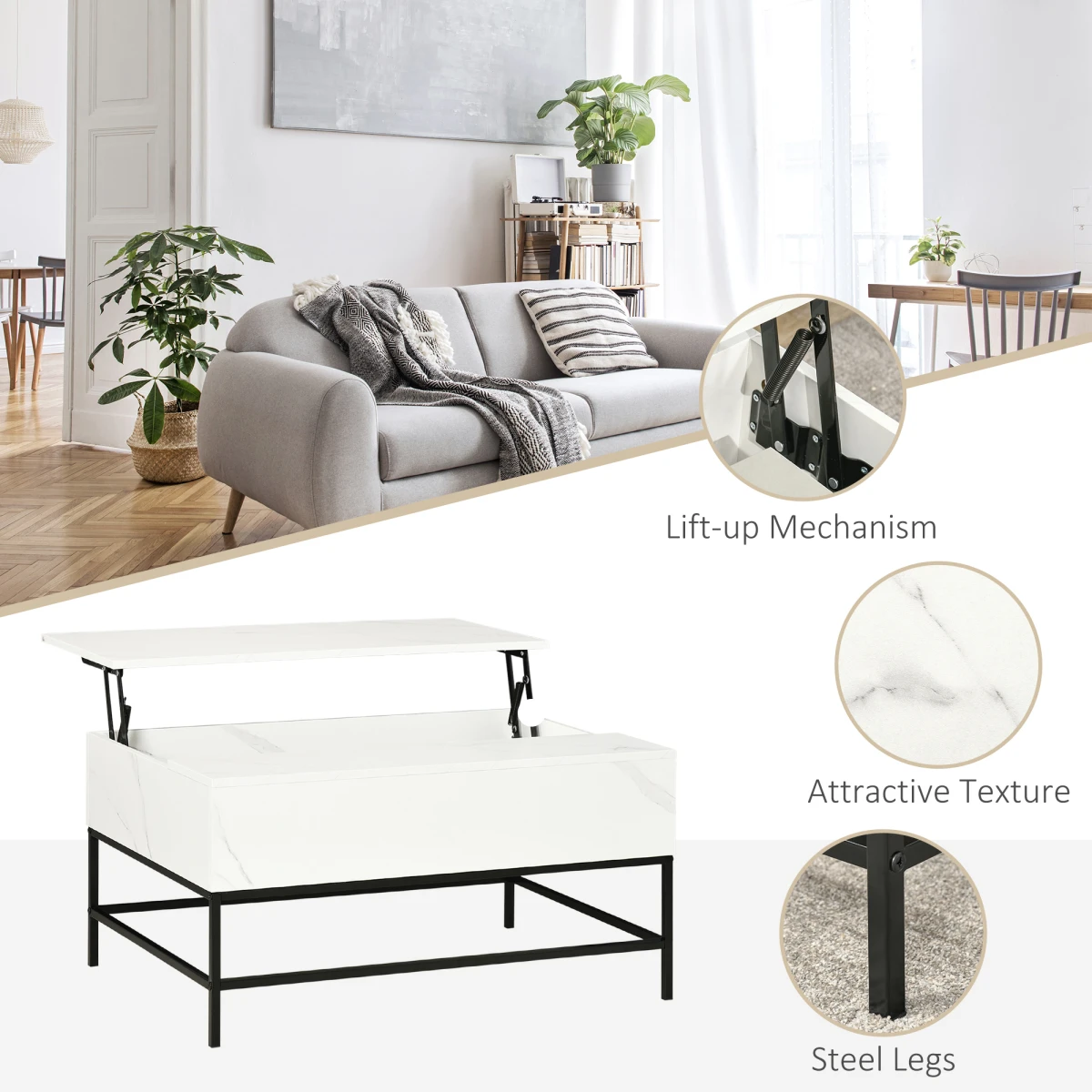 HOMCOM Lift-Top Coffee Table 80x40x45 cm With Hidden Storage White Marble Finish For Living Room by HOMCOM