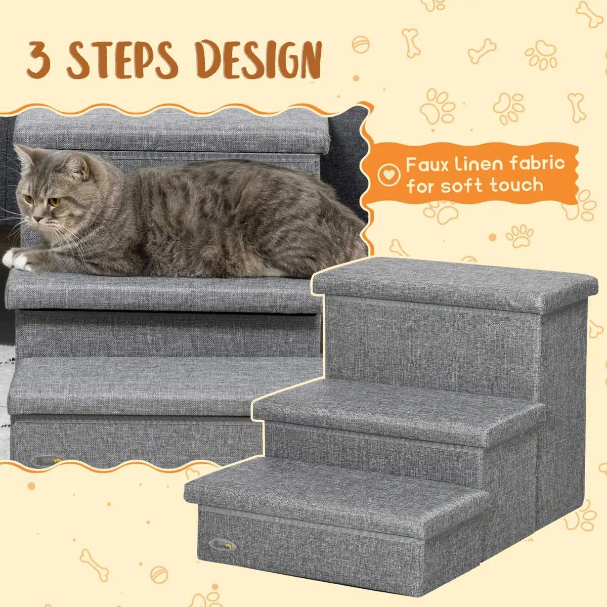 PawHut PawHut 3 Step Dog Steps with Storage Boxes, Cat Stairs for Bed Sofa, Light Grey - Dog Steps