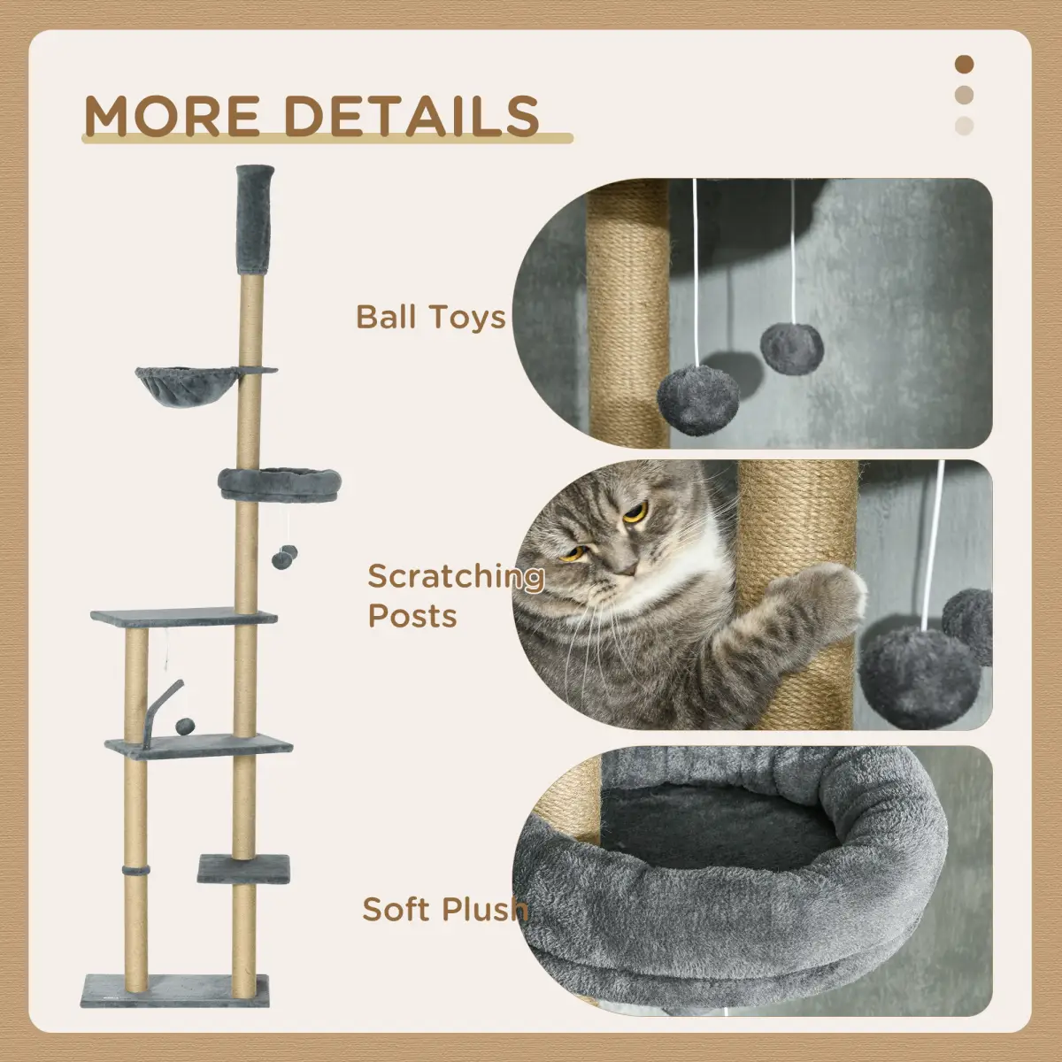 PawHut 6-Tier Floor to Ceiling Cat Tree with Scratching Post, Bed, Hammock, Grey - Cat Tree
