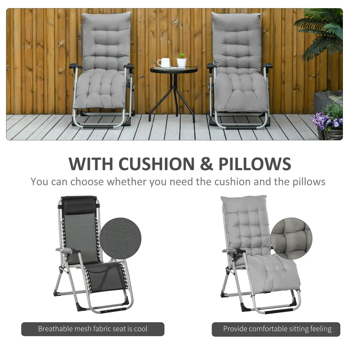 Outsunny Outsunny 2 PCS Reclining Zero Gravity Chair Folding Lounger Cushion Light Grey - Sun Lounger
