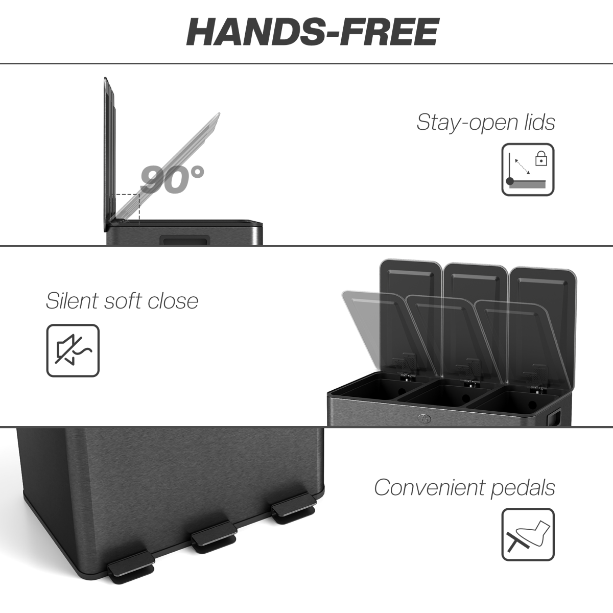 HOMCOM 3 x 20L Triple Kitchen Bin Pedal Bin for Recycling and Waste, Black - from HOMCOM