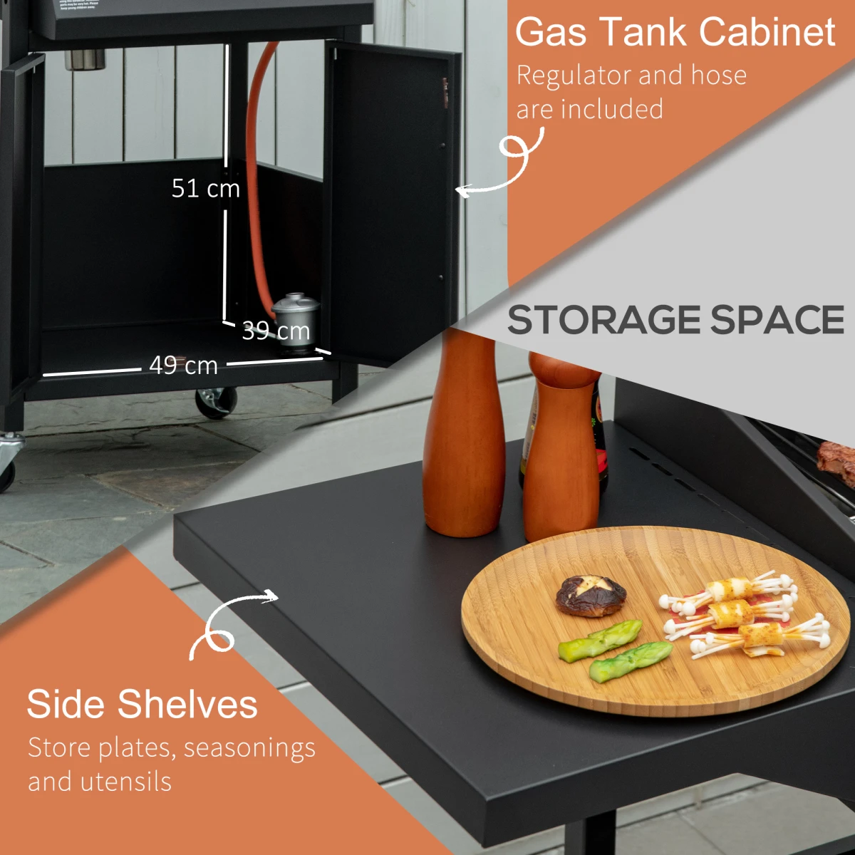 Outsunny 3 Burner Gas BBQ Grill Portable Barbecue Trolley Warming Rack Storage Cabinet - Wine Rack