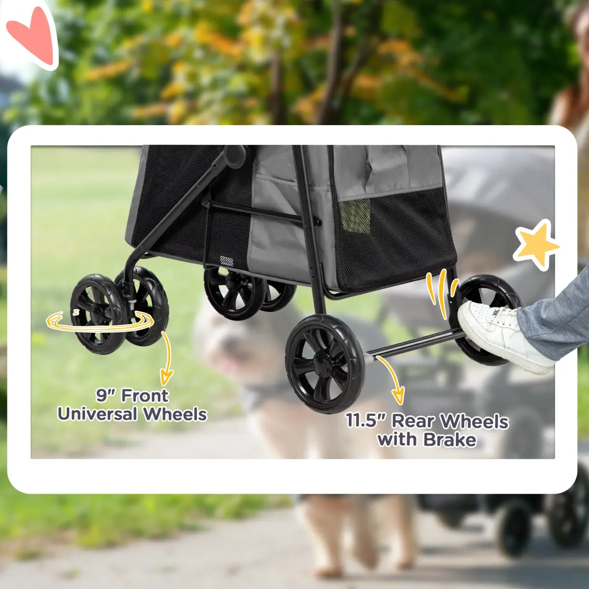 PawHut PawHut One-click Foldable Pet Stroller w/ Mesh Windows, for Small Pets - Grey - Pet Carrier