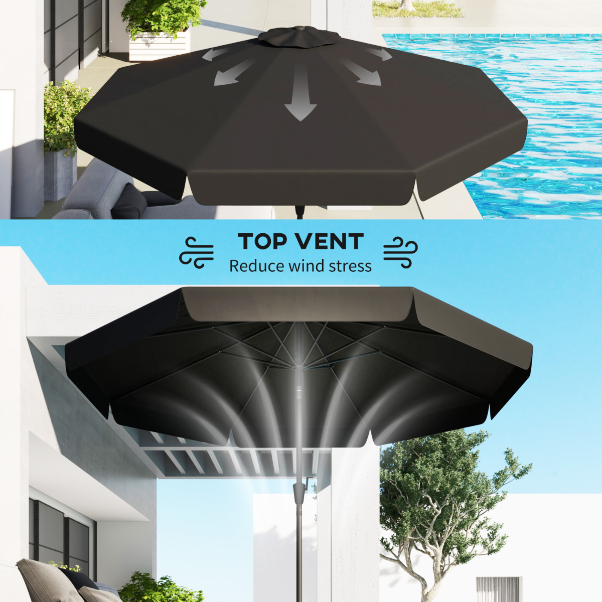 Outsunny Outsunny 2.7m Patio Umbrella Garden Parasol with Crank, Ruffles, 8 Ribs, Black - Parasol