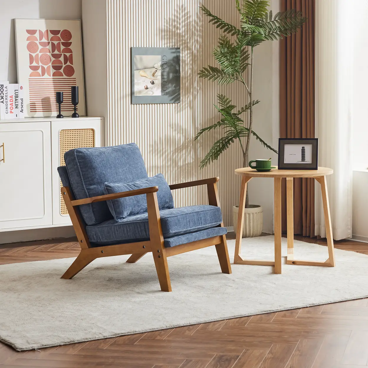 N/A Mid-Century Oak Accent Chair - Deep Navy Blue Chenille Upholstered Single Lounge Chair, Sturdy Wood Frame Indoor Armchair (330LBS Weight Capacity) - Accent Chair