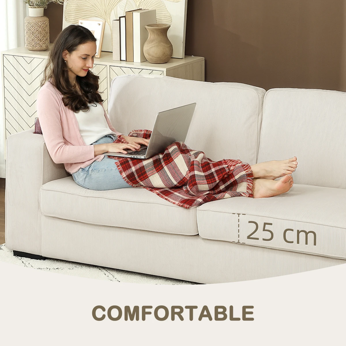 HOMCOM Three Seater Sofa Corduroy Cream White Cup Holders - Sofa