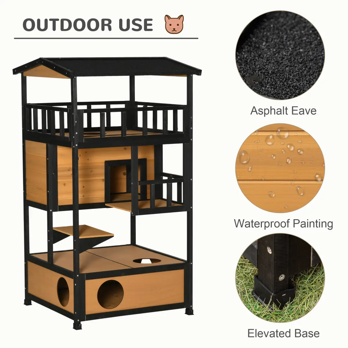 PawHut Wooden Outdoor Cat House 3-Tier Kitten Shelter w/ Tilted Roof Yellow - Cat House