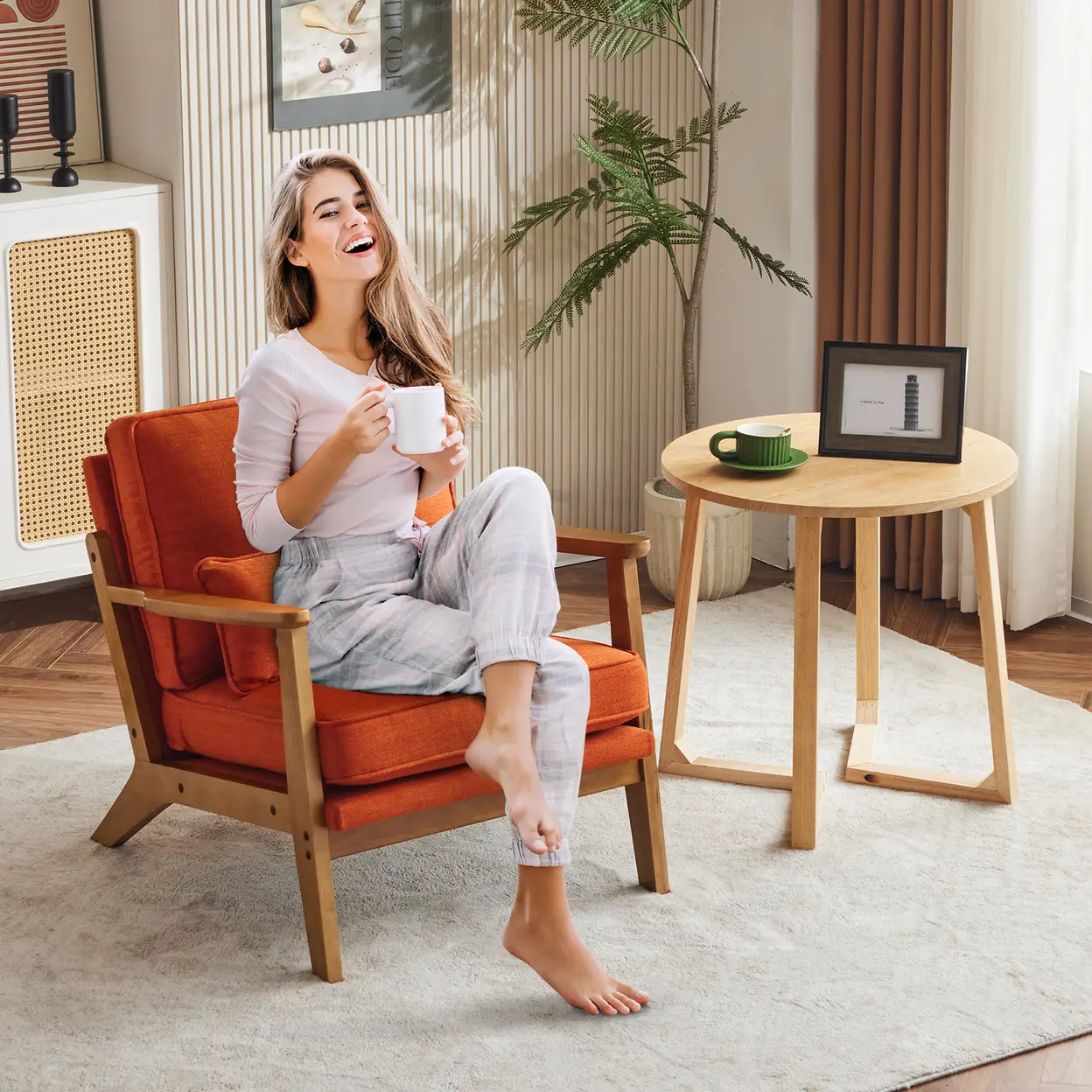 N/A Mid-Century Modern Accent Chair with Wooden Frame - Oak Armrest, Linen-Cotton Burnt Orange Upholstery, Single Seater Lounge Chair for Living Room (Weight Capacity 330LBS) - Accent Chair