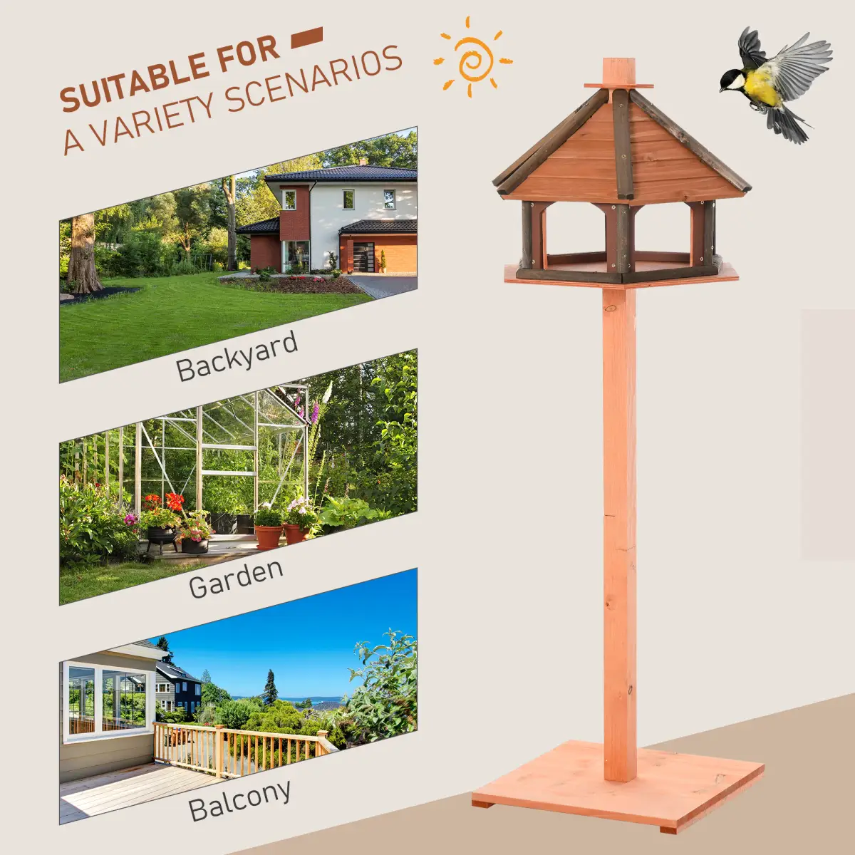Pawhut Wooden Bird Feeder Wooden Bird Table Bird Feeder with Roof, Brown, 130cm - Bird Feeder