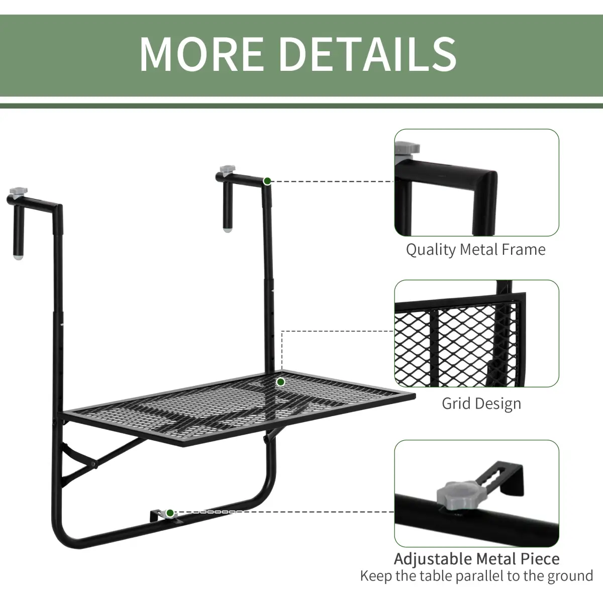 Outsunny Balcony Hanging Table, Metal Wall Mount Desk, Adjust Black - Desk