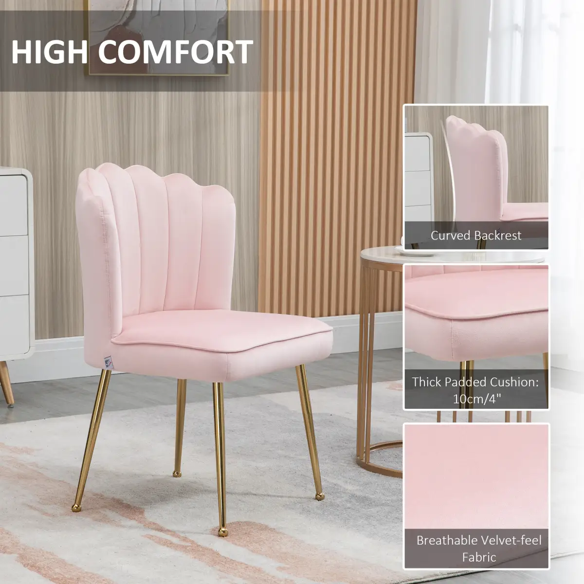 HOMCOM Velvet-Feel Shell Luxe Accent Chair Home Bedroom Lounge with Metal Legs Pink - Accent Chair