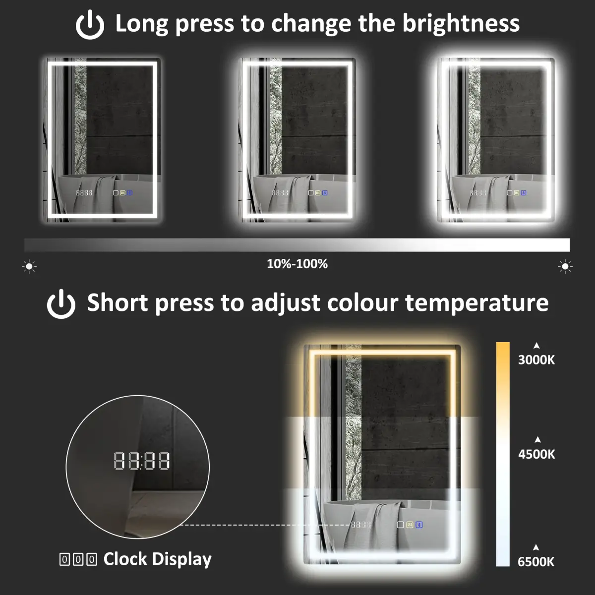 HOMCOM HOMCOM 500 x 700 mm Bathroom Mirror with Bluetooth Clock Lights Demister Pad - Clock