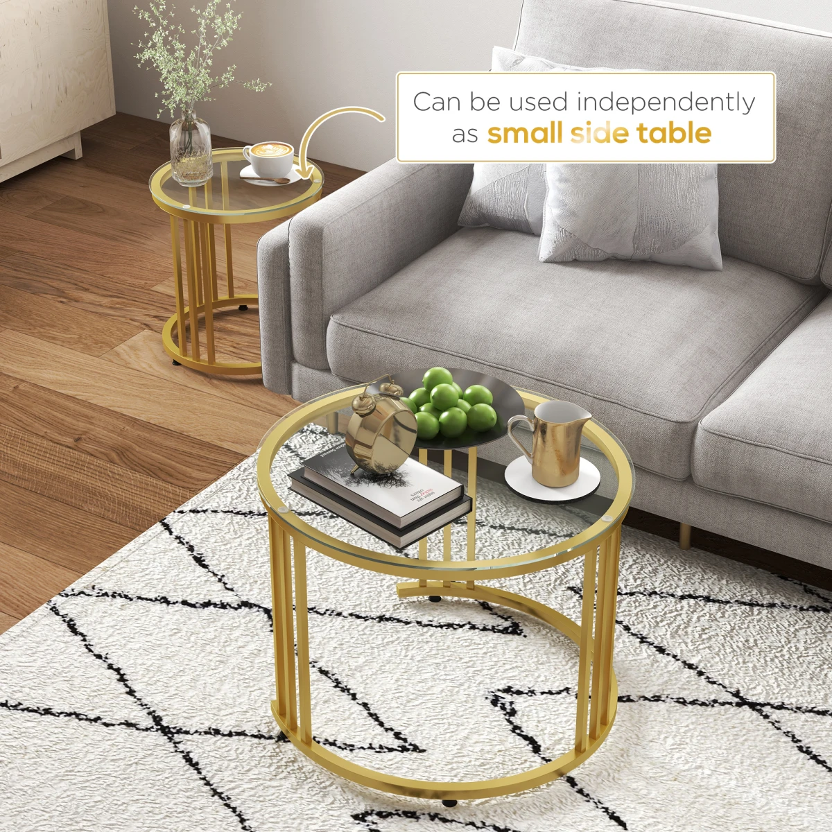 HOMCOM Nesting Coffee Tables Two Piece Set Tempered Glass Tops Gold Art Deco Living Room Decor - Nest of Tables