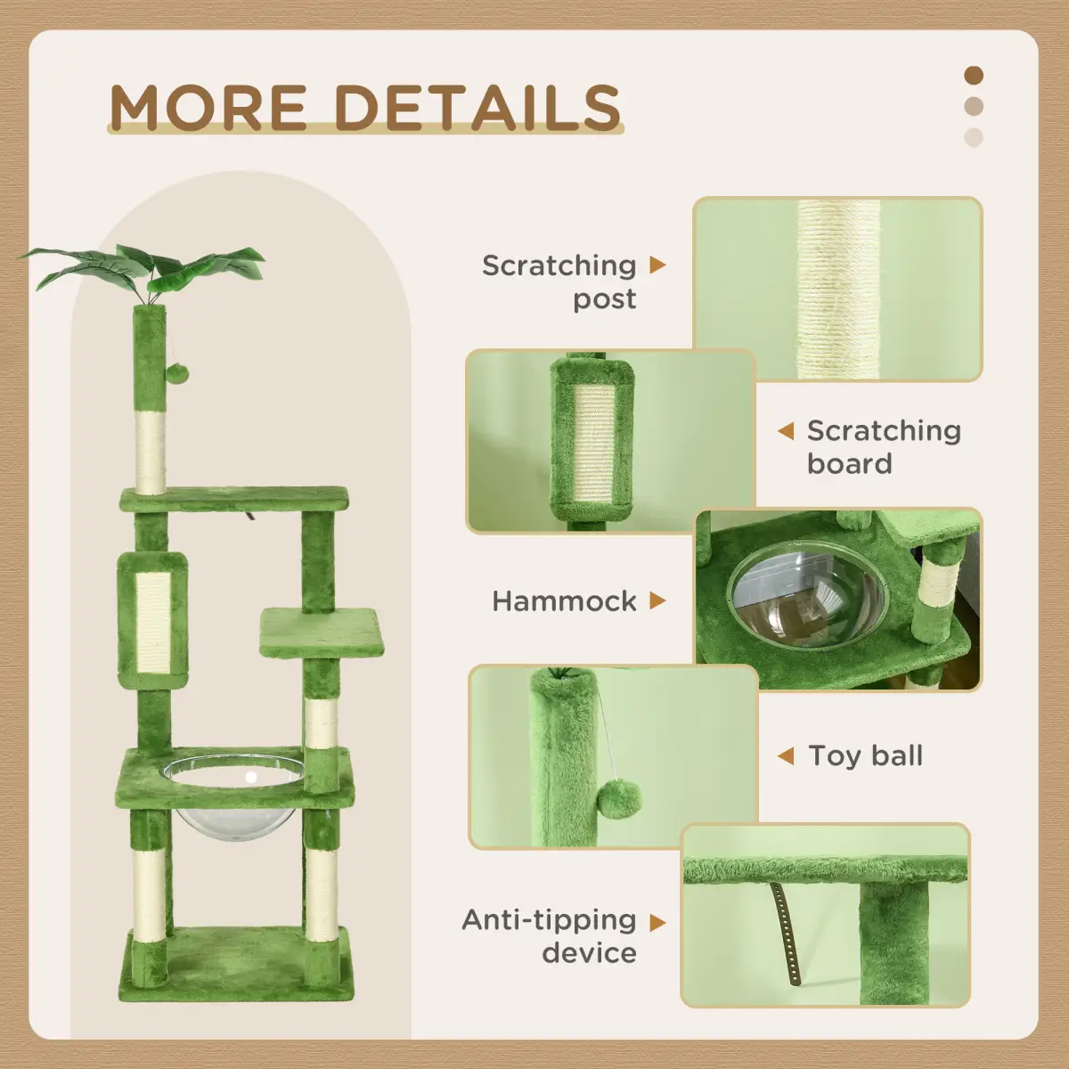 PawHut PawHut 142cm Cat Tree Tower with Scratching Post Hammock Ball Platforms Green - Cat Tree