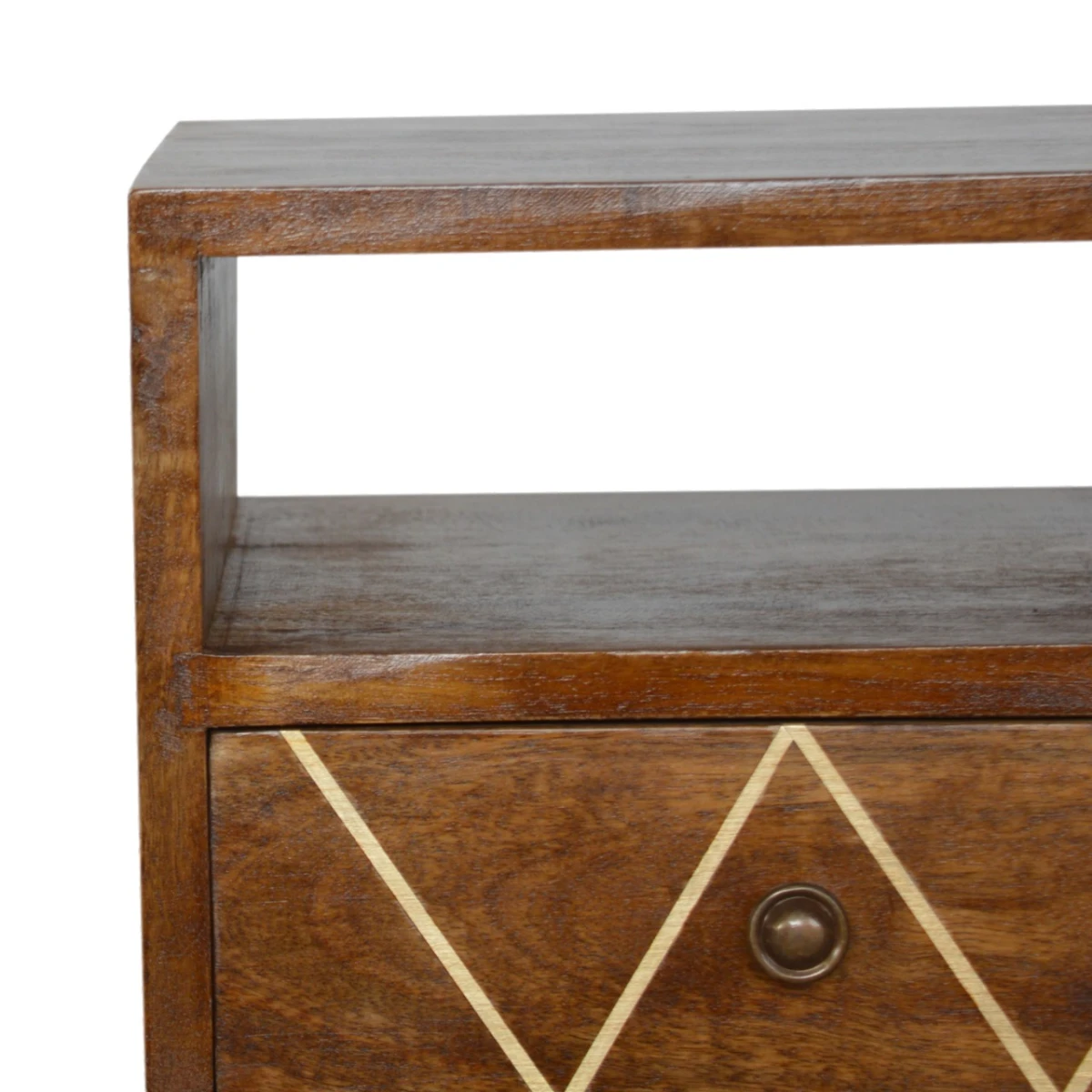 Artisan Furniture Artisan Bedside Table Mini Solid Mango Wood Geo Brass Inlay Drawer Shelf For Modern Bedroom Decor - Bedside Table