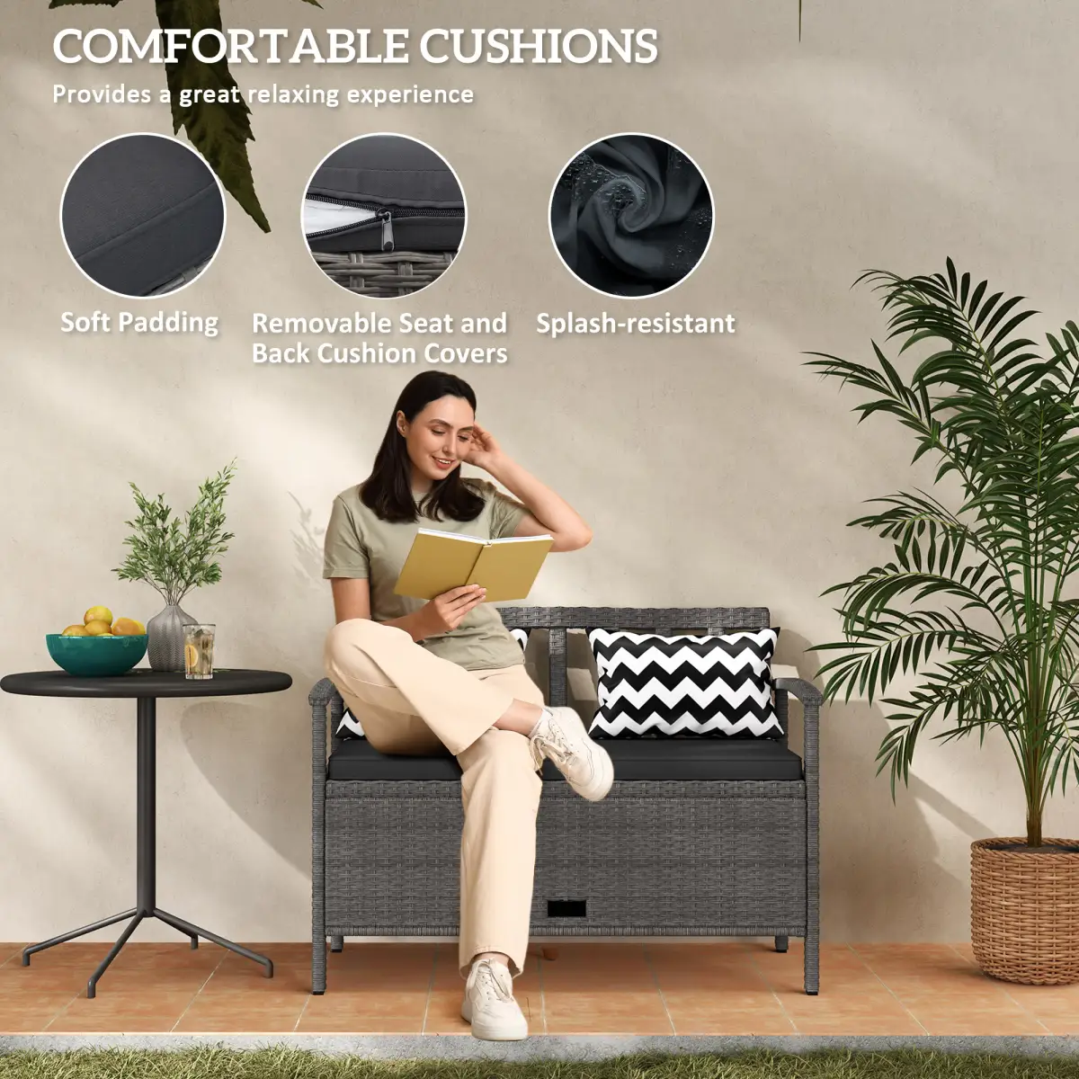 Outsunny Outsunny 160L Rattan Garden Storage Bench, Cushioned Outdoor Bench, Grey - Garden Chairs