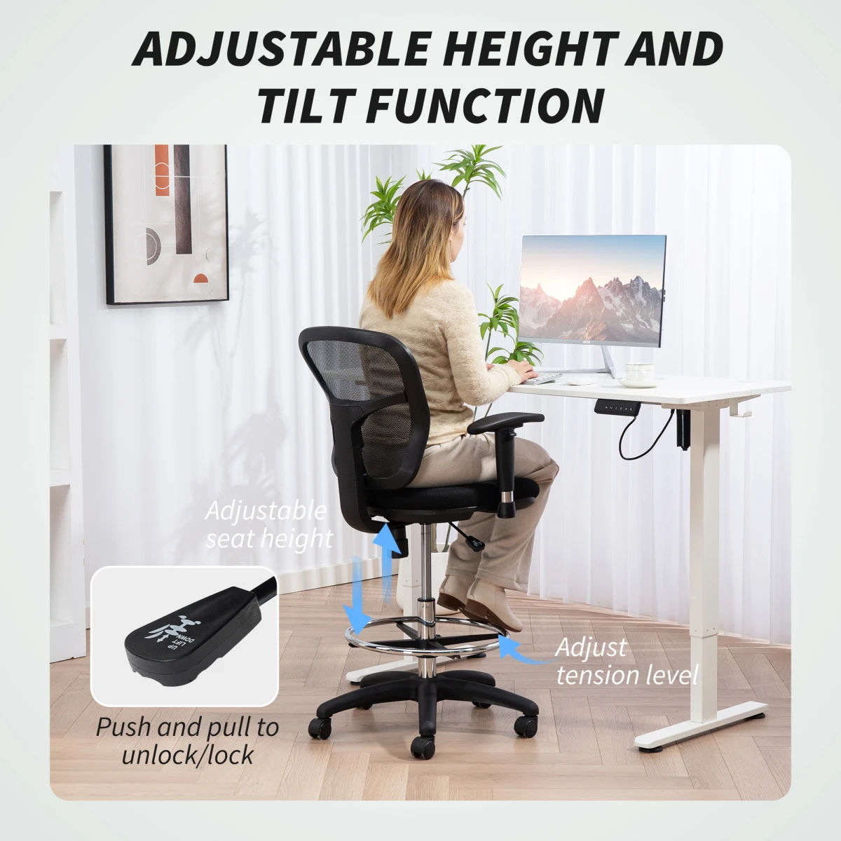 HOMCOM Drafting Stool 94-114cm Adjustable Office - Office Chair