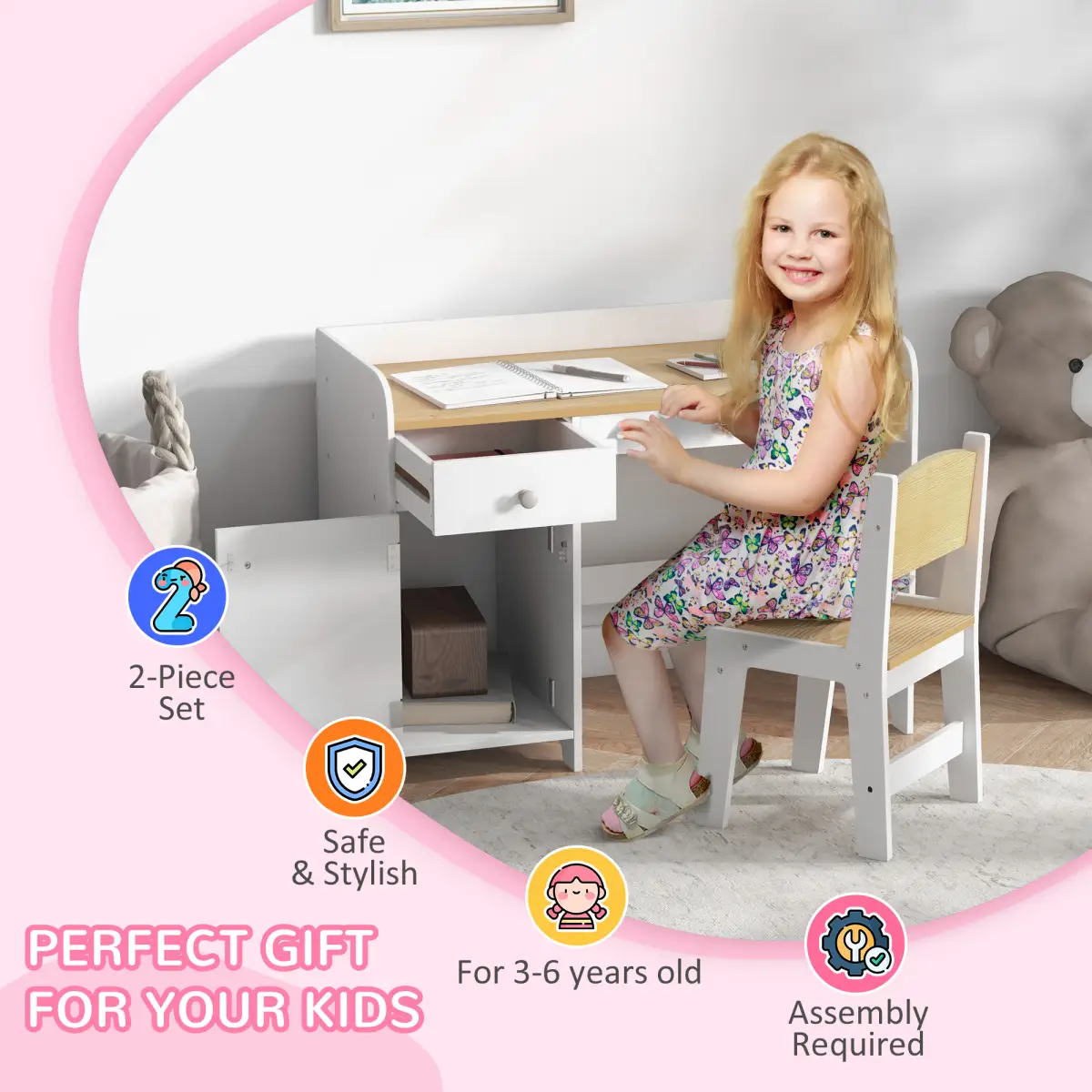 ZONEKIZ ZONEKIZ Kids Desk and Chair Set for 3-6 Year Old with Storage Drawer, White - Desk