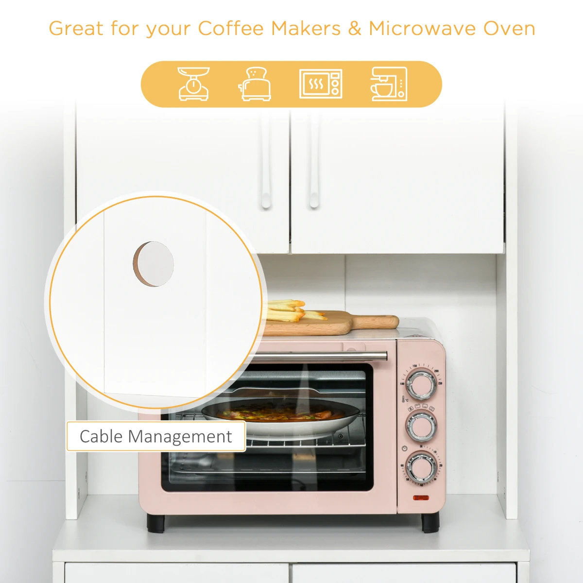 HOMCOM Premium White Kitchen Buffet Storage Cabinet 60x40x150cm With 2 Cabinets 3 Drawers Microwave Rack With Cable Management - Chest of Drawers