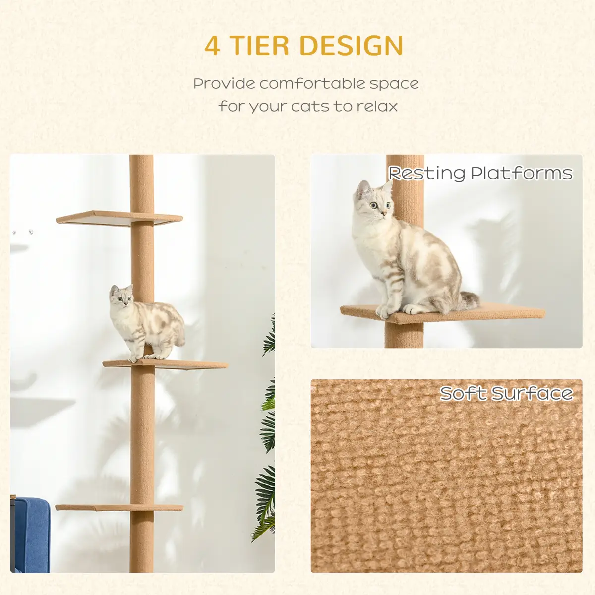Pawhut 260cm Floor To Ceiling Cat Tree for Indoor Cats w/ Adjustable Height - Brown - Cat Tree