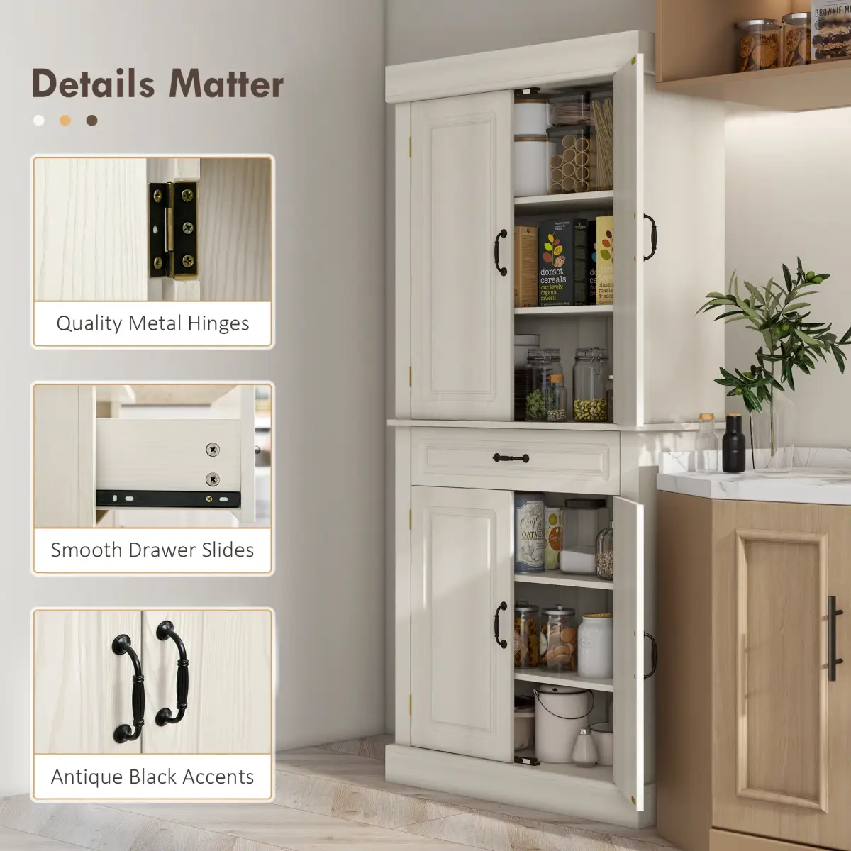 HOMCOM HOMCOM 180cm Kitchen Pantry Storage Cabinet Server Food Organizer, White - Display Cabinet