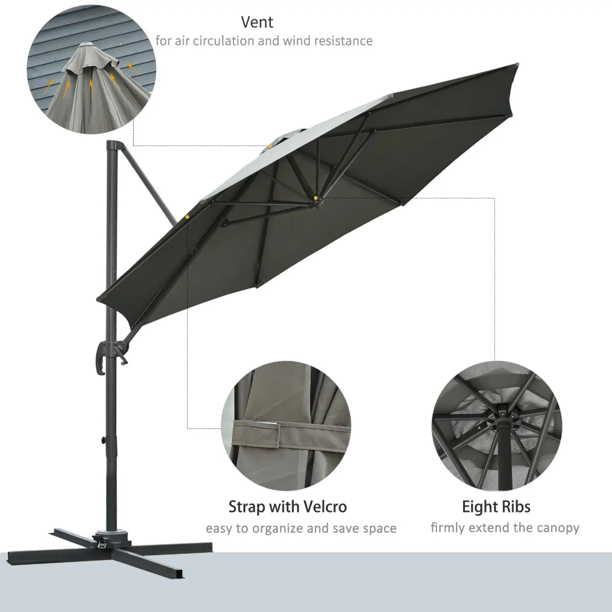 Outsunny 3m Patio Offset Parasol Roma Umbrella Cantilever Dark Grey - Parasol
