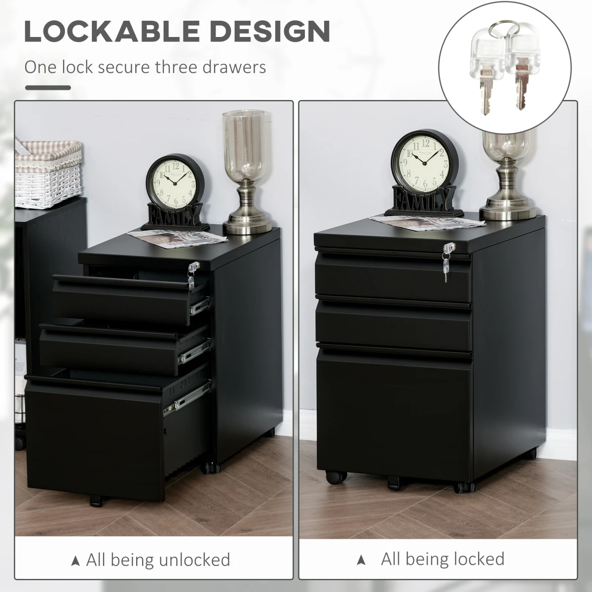 Vinsetto Vinsetto Vertical File Cabinet 3-Drawer Lockable Metal with Central Locking for Office Use - Filing Cabinet