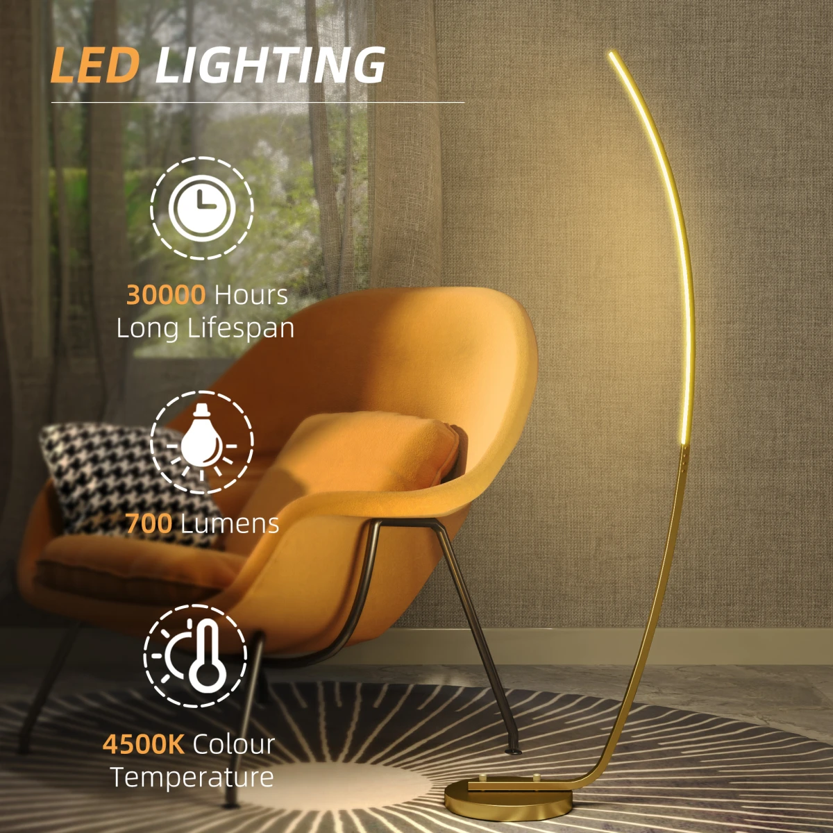 HOMCOM Standing Floor Lamp 147cm Slim Arched Design for Living Room by HOMCOM