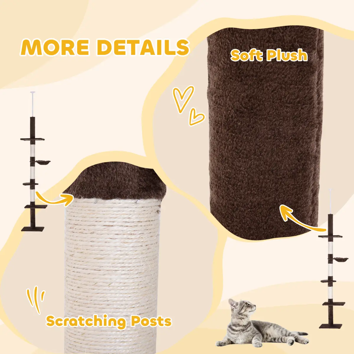 PawHut Floor to Ceiling Cat Tree for Indoor Cats 5-Tier Kitty Tower Brown - Cat Tree