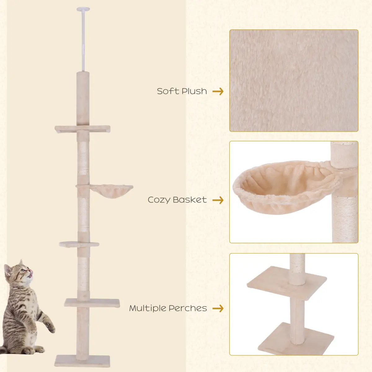 Pawhut Cat Tree Scratching Post Kitty Tower Activity Center 5-Tier Floor to Ceiling - Cat Tree