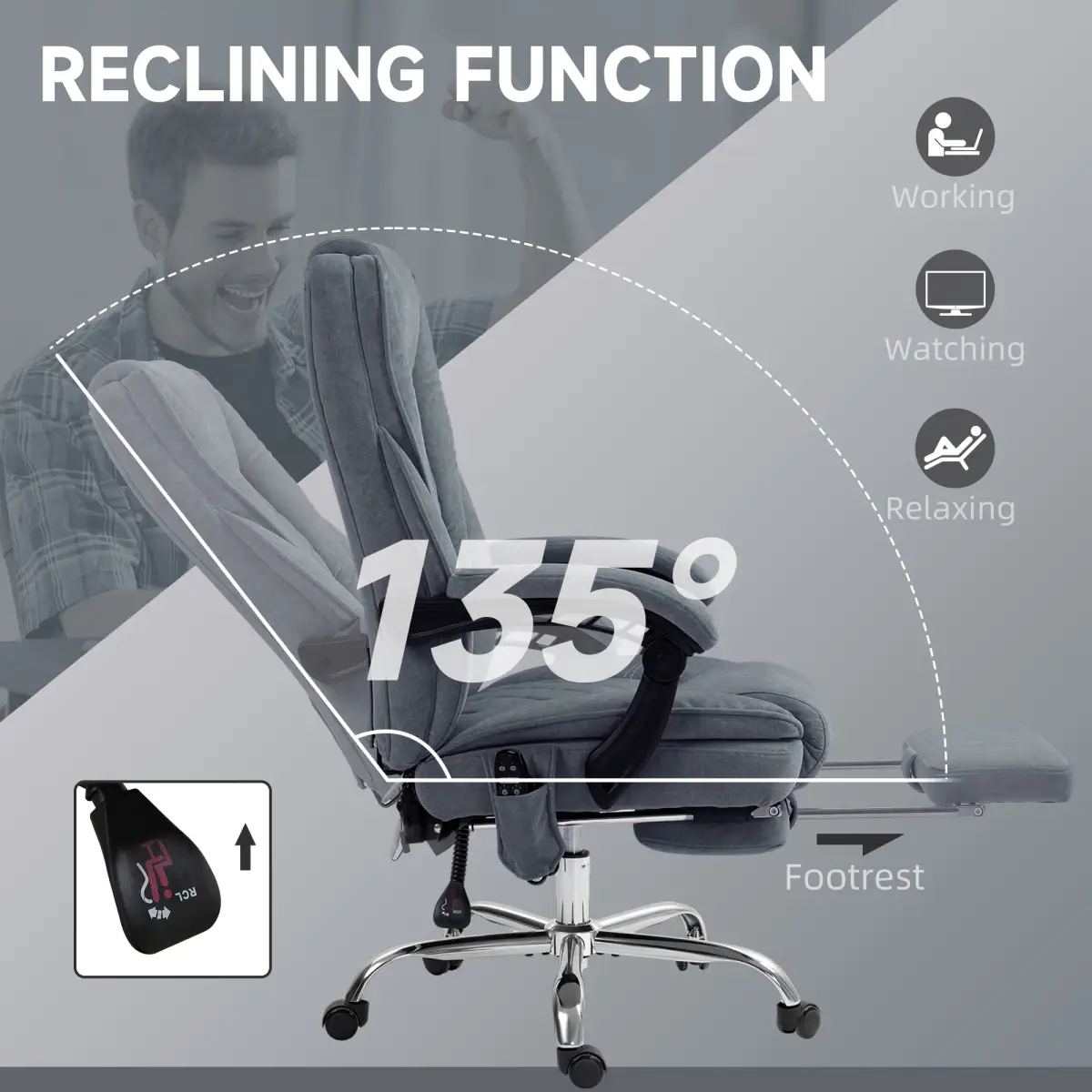 N/A Massaging Office Chair For Home Office With 135 Degree Recline Footrest HOMCOM Six Point Vibration And Timer - Office Chair