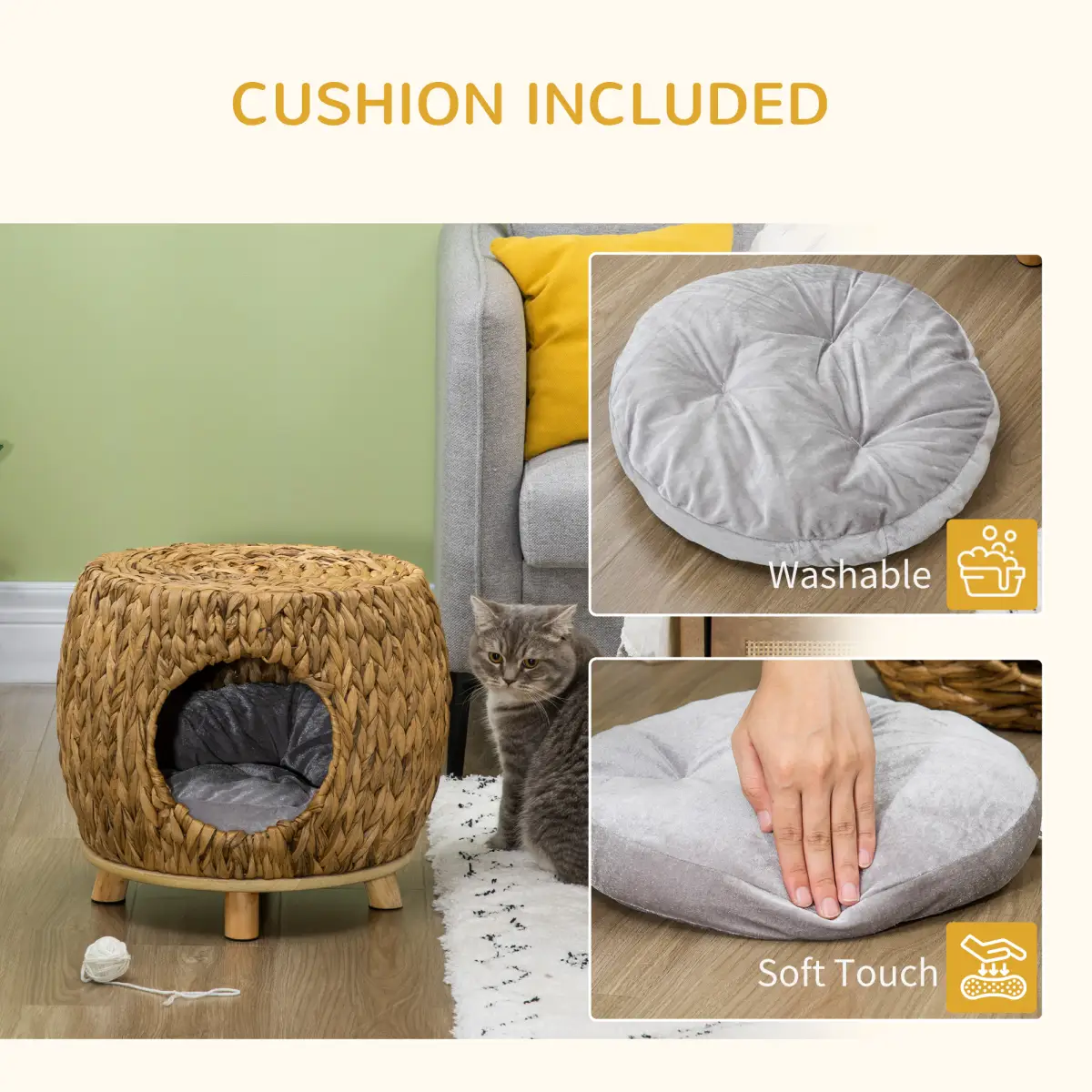 Unbranded Rattan Cat House Stool, Wicker Kitten Bed for Outdoors and Indoors w/ Cushion - Cat House