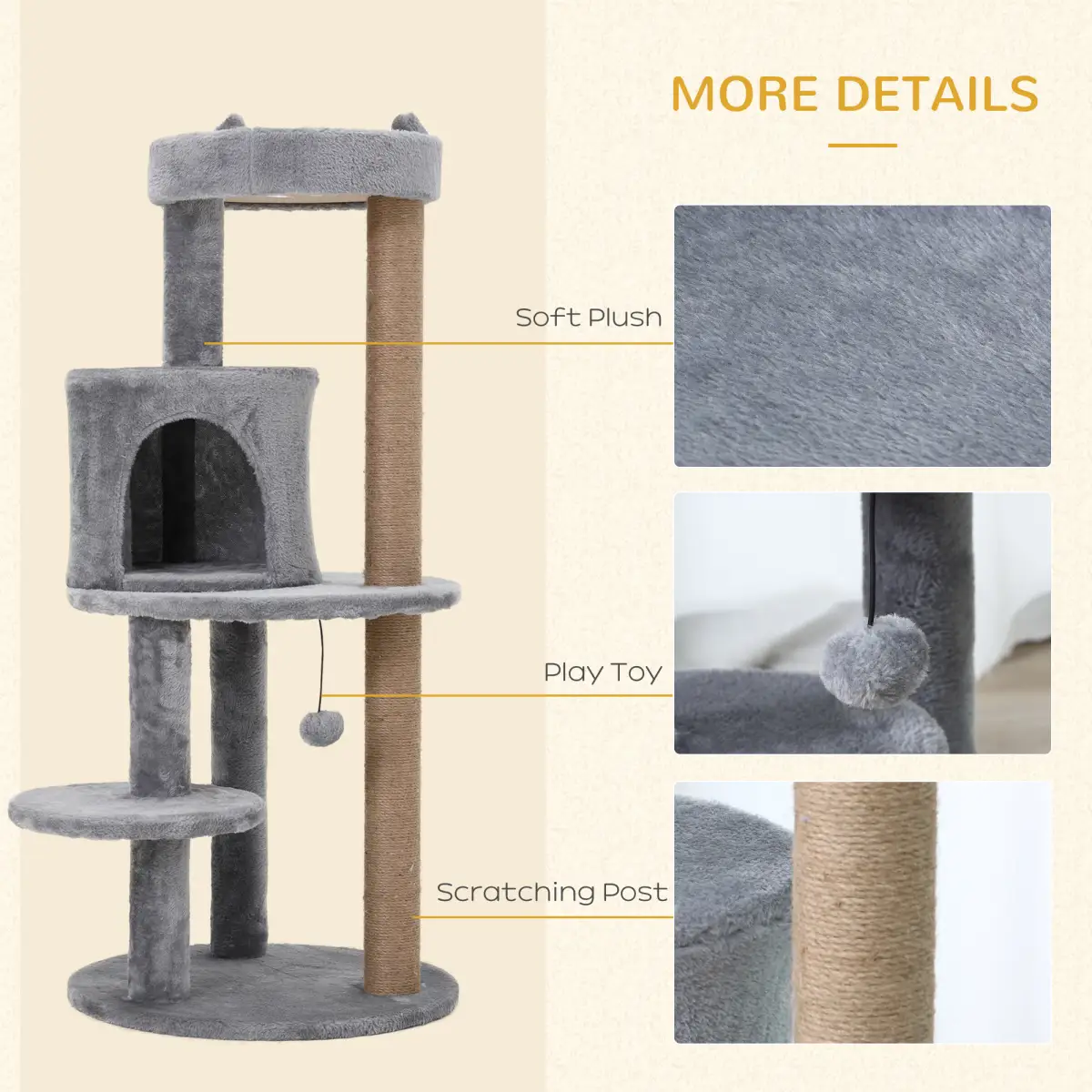 Pawhut 104cm Deluxe Cat Activity Tree w/ Scratching Posts Ear Perch House - Grey - Cat Tree