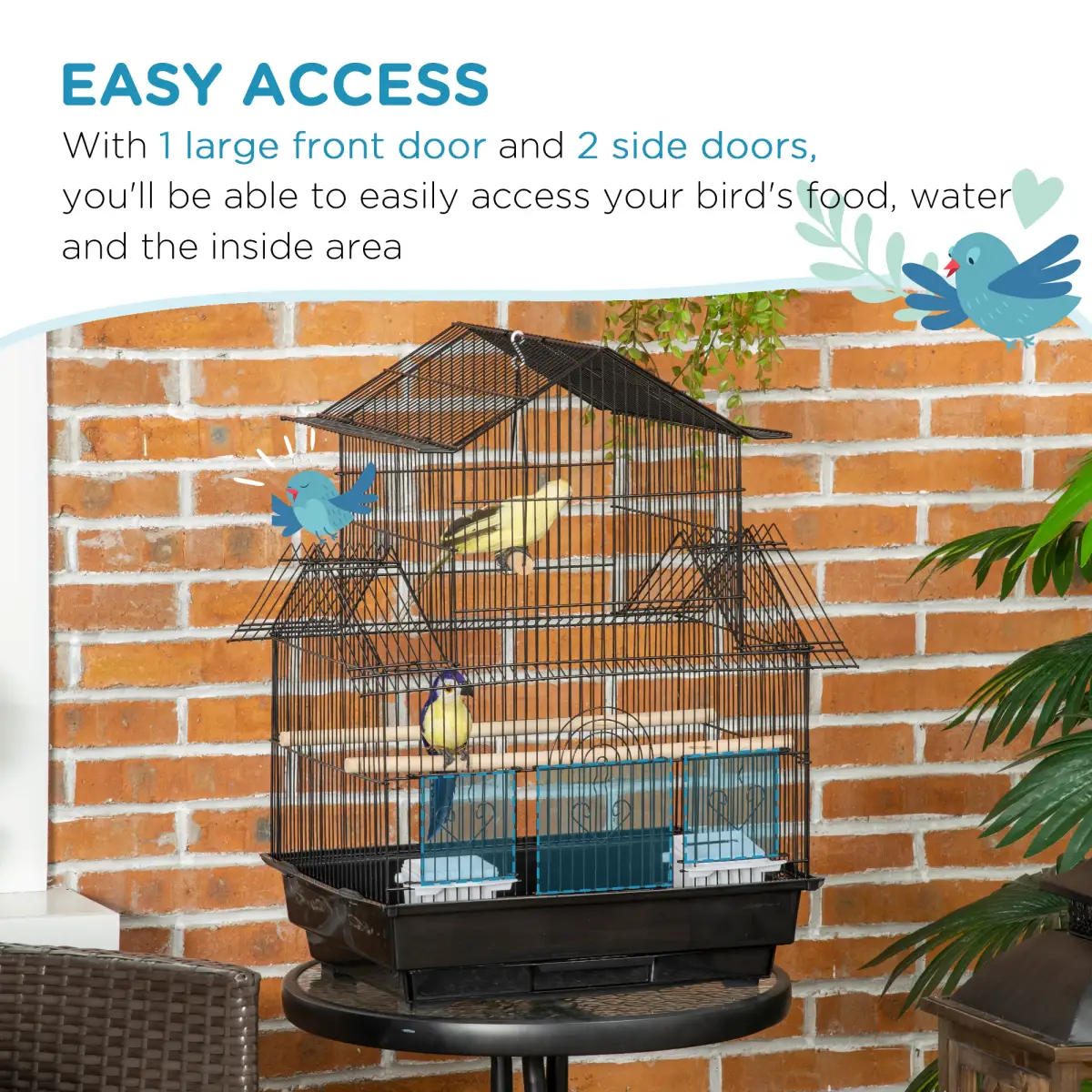 PawHut Metal Bird Cage w/ Plastic Perch Food Container Handle 50.5 x 40 x 63cm Black - Bird Cage
