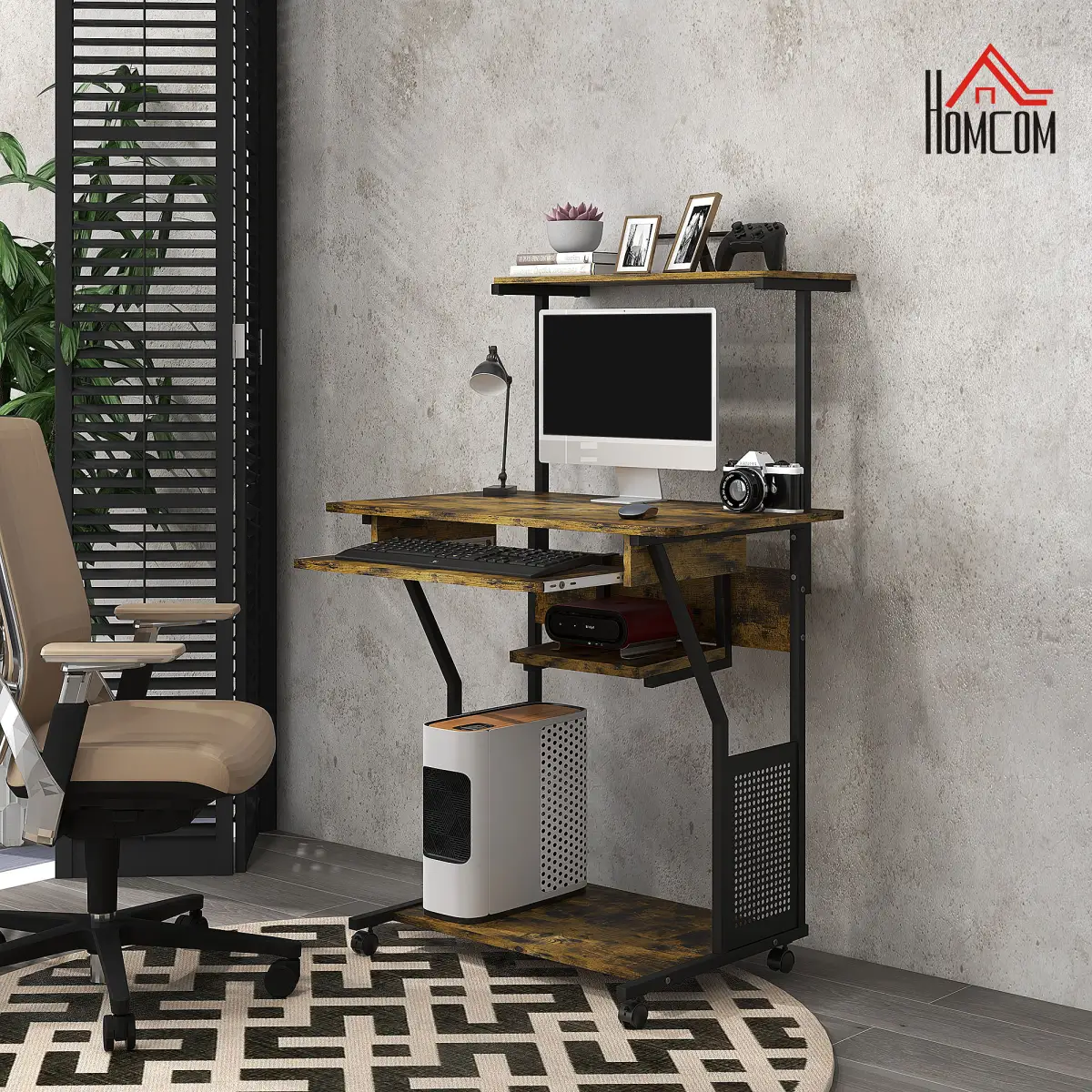 HOMCOM HOMCOM Rolling Computer Desk with Keyboard Tray Storage Shelves Rustic Brown - Desk