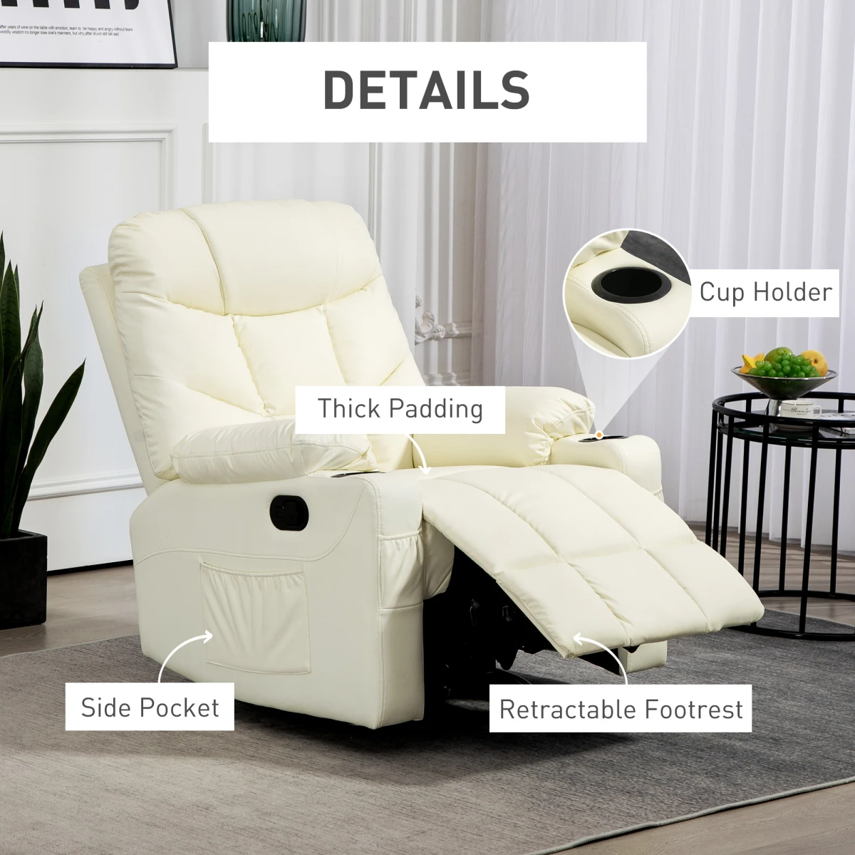 HOMCOM Manual Recliner Chair Cream With Footrest Cupholders - Recliner
