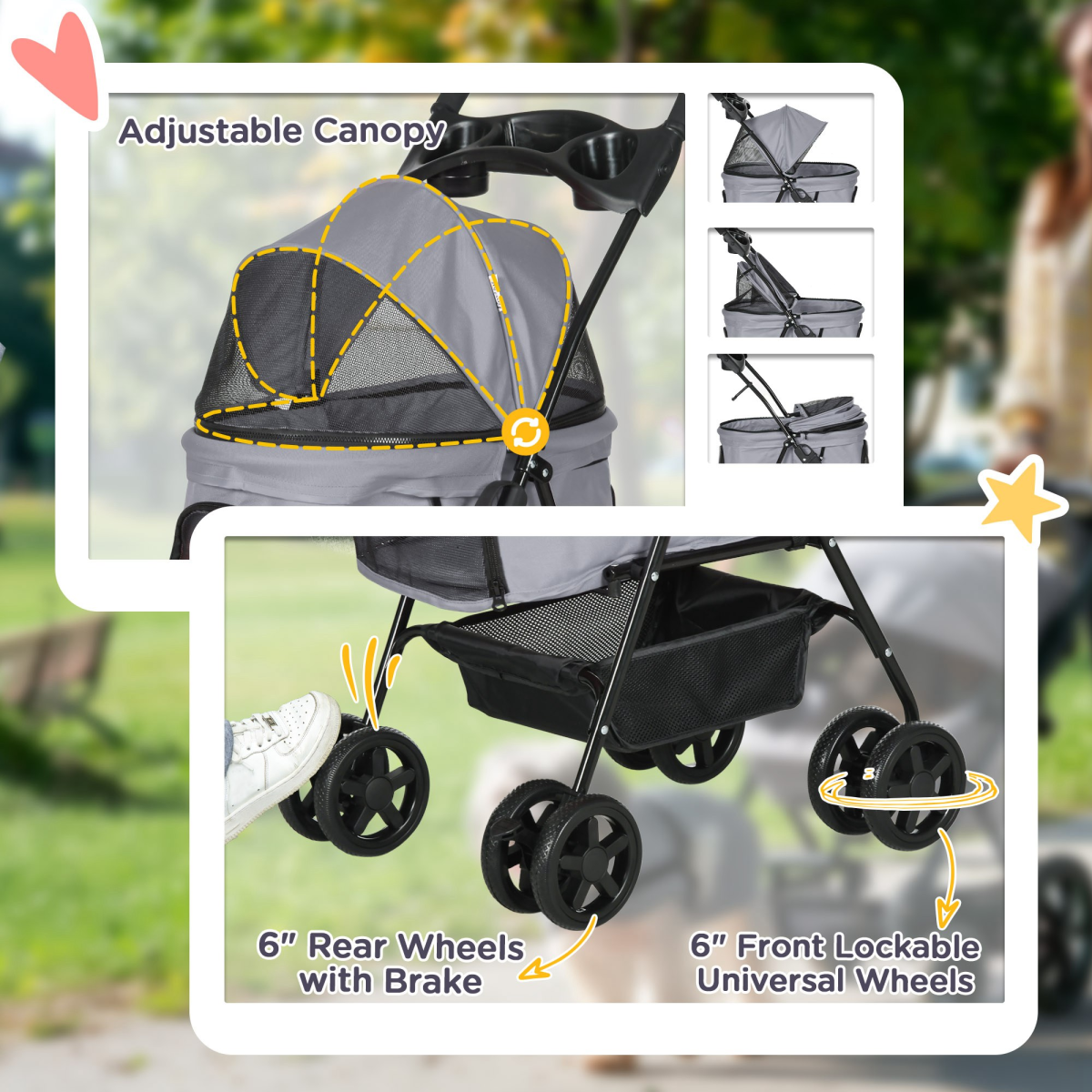 Pet Stroller No-Zip Foldable Travel Carriage with Brake Basket Adjustable Canopy - from Unbranded