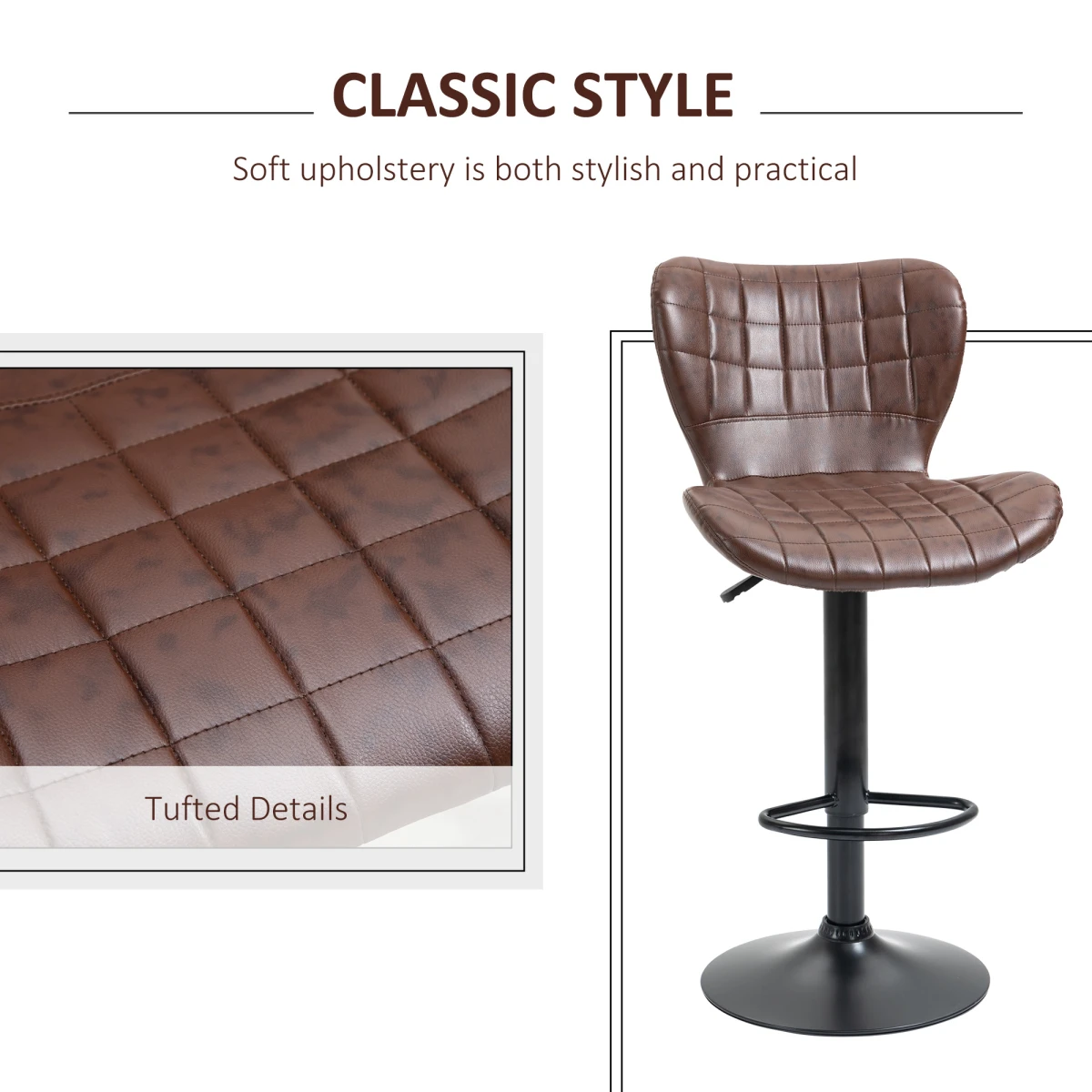 Set of 2 Adjustable Height Swivel Bar Chairs in PU Leather with Backrest Brown by HOMCOM