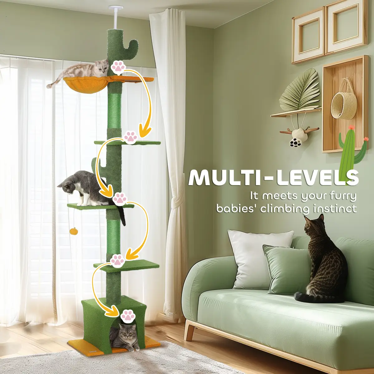 PawHut PawHut 230-275cm Floor-to-Ceiling Cat Tree for Indoor Cats with Cat House - Cat Tree